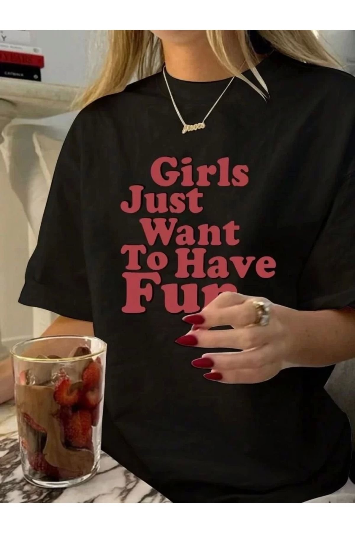 CVS Kadın Baskılı Oversize T-shirt - Siyah