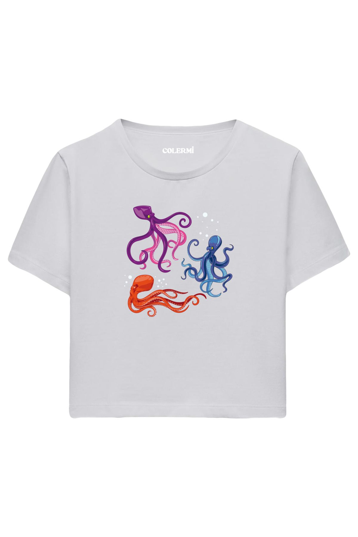 Colermi Renkli Ahtapot Baskılı %100 Pamuk Kadın Crop Tshirt