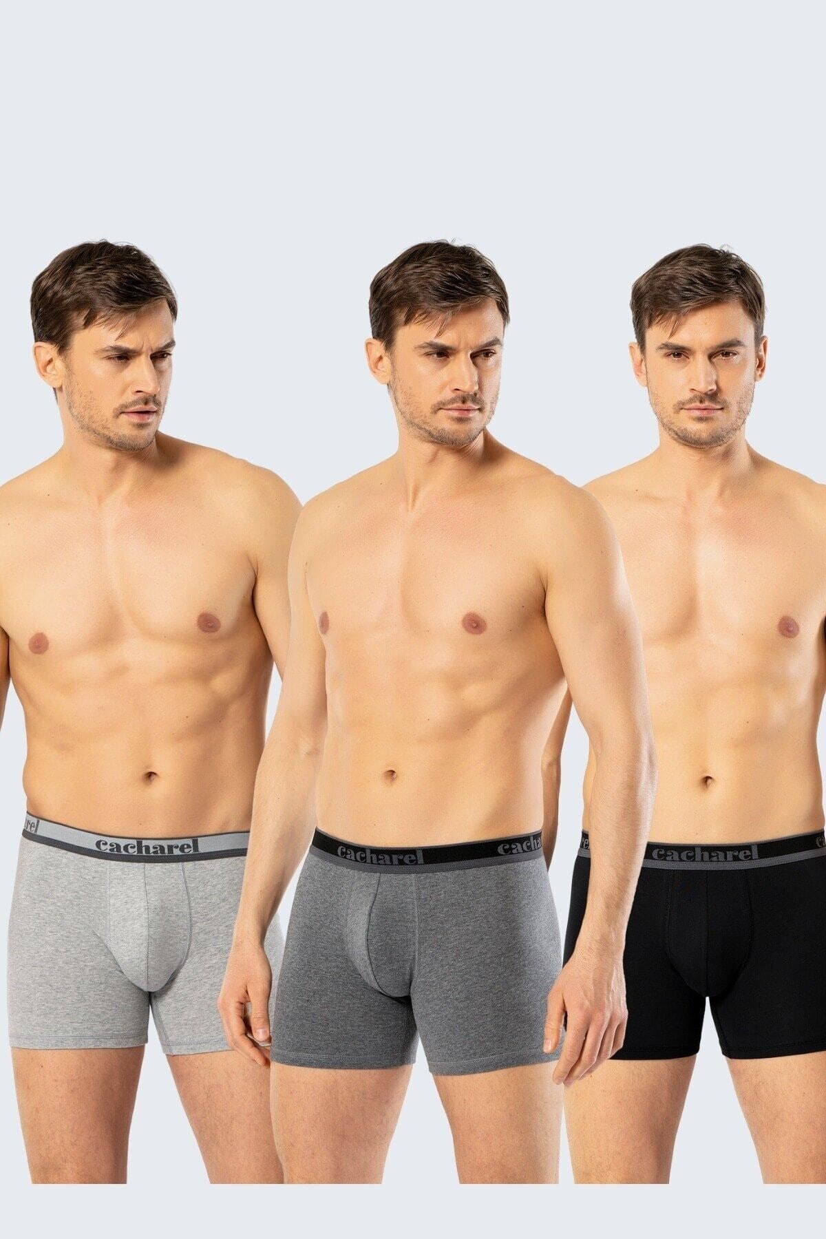 Cacharel 3'lü Erkek Boxer, Uzun Paça Pamuklu Likralı Erkek Boxer