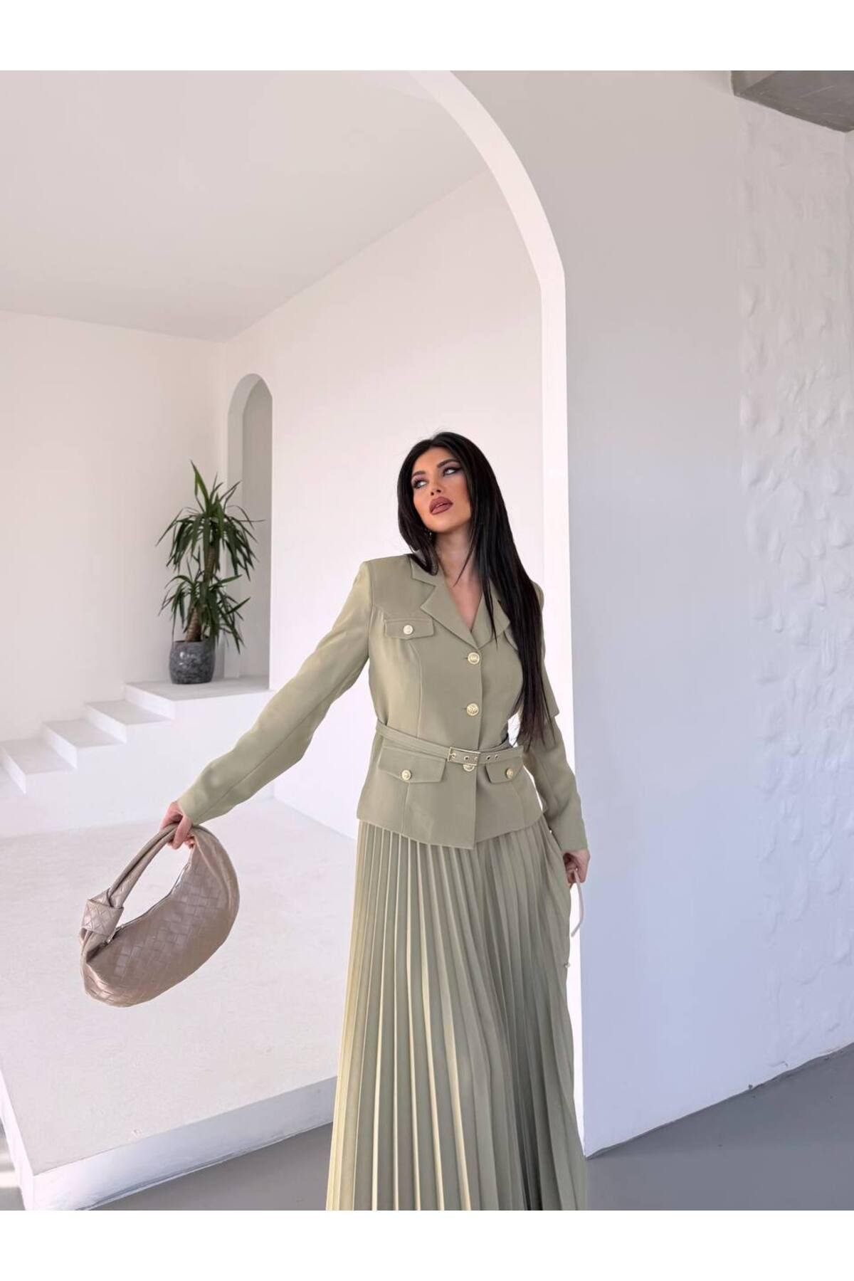 NILOO Yeni Sezon Pileli Etek Kemerli Ceket Takım