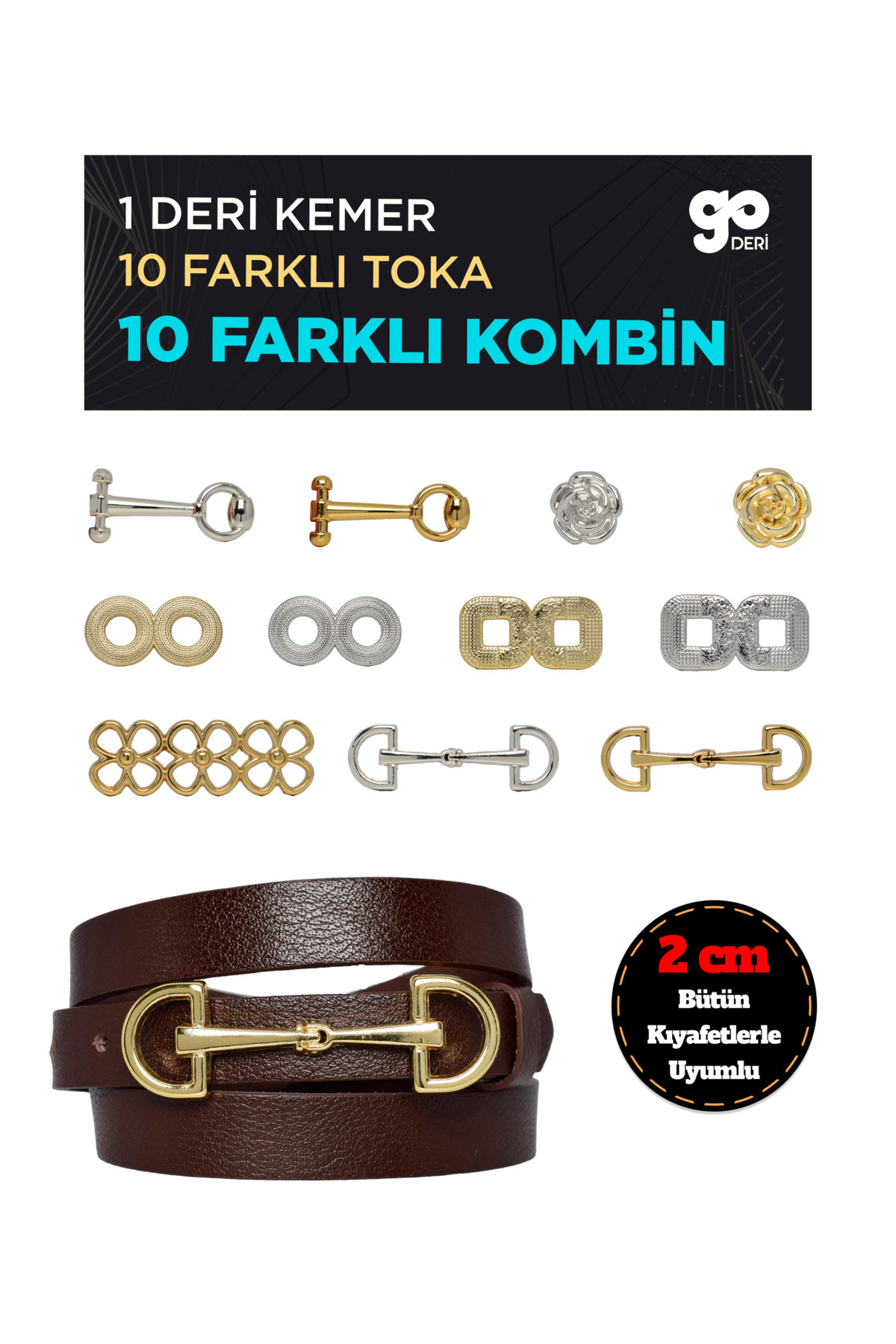 Genuine Leather 2 cm Dark Brown Women's Belt Set Komkoka with 1 Belt Strap and 10 Replaceable buckles