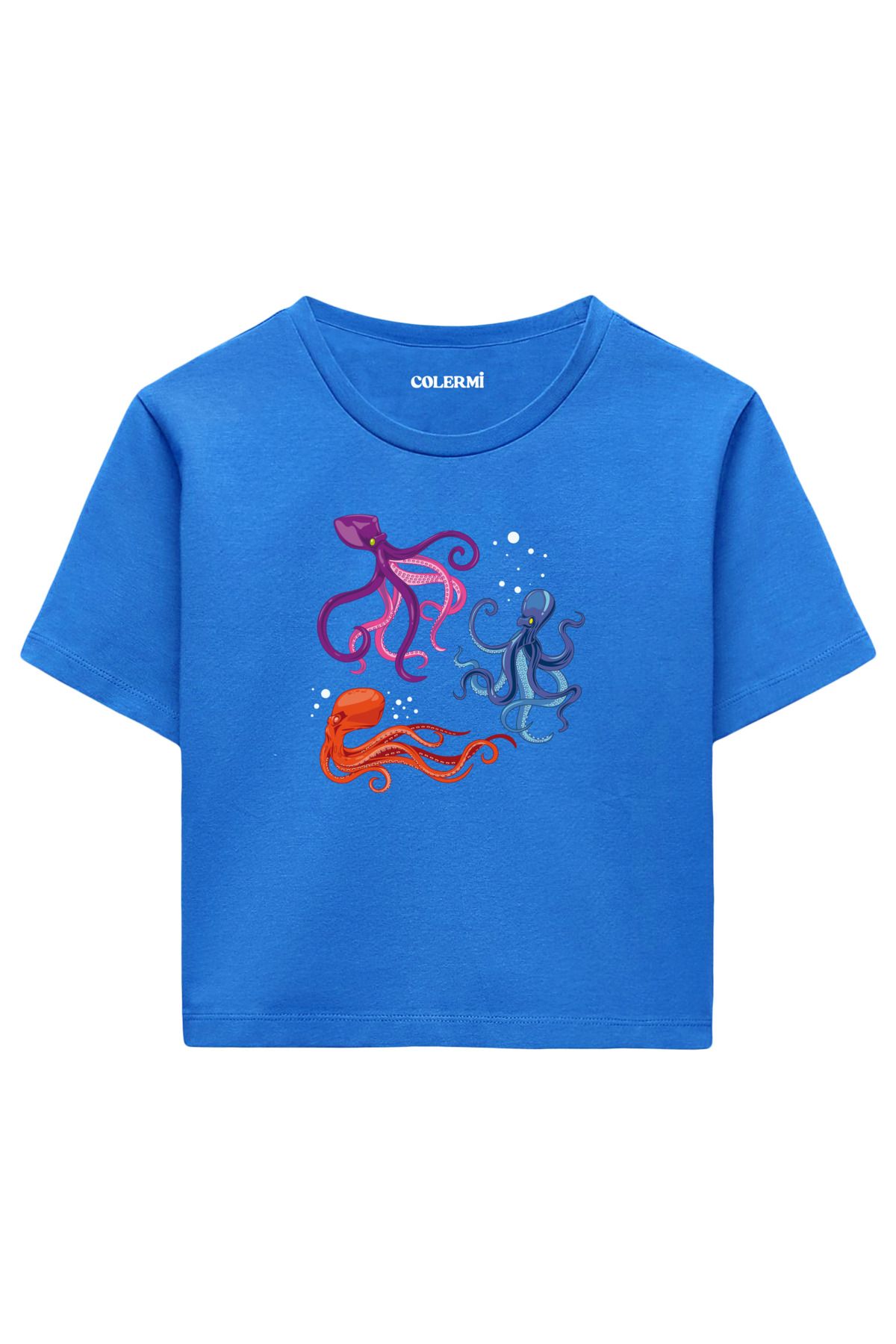 Colermi Renkli Ahtapot Baskılı %100 Pamuk Kadın Crop Tshirt