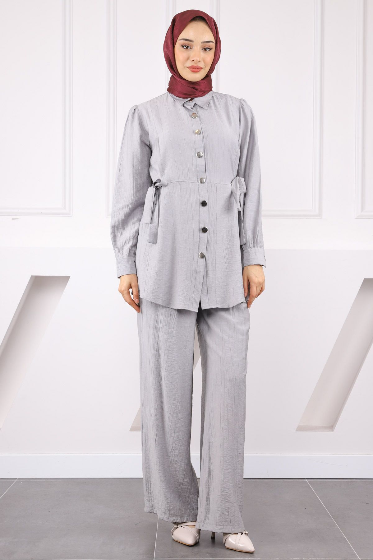 İmajButik Gri Bel Bağlamalı Tunik Pantolonlu Takım