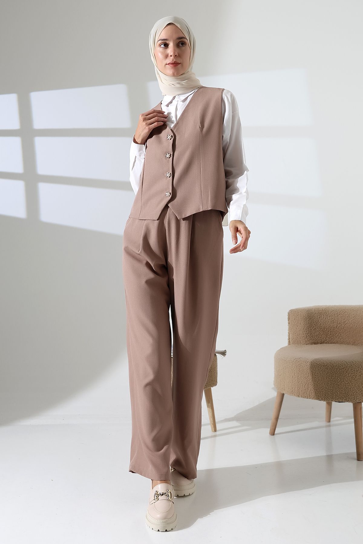 Mihran Butik Kadın 100% Pamuk Dokuma Krem Yelek Pantolon Tesettür Takım