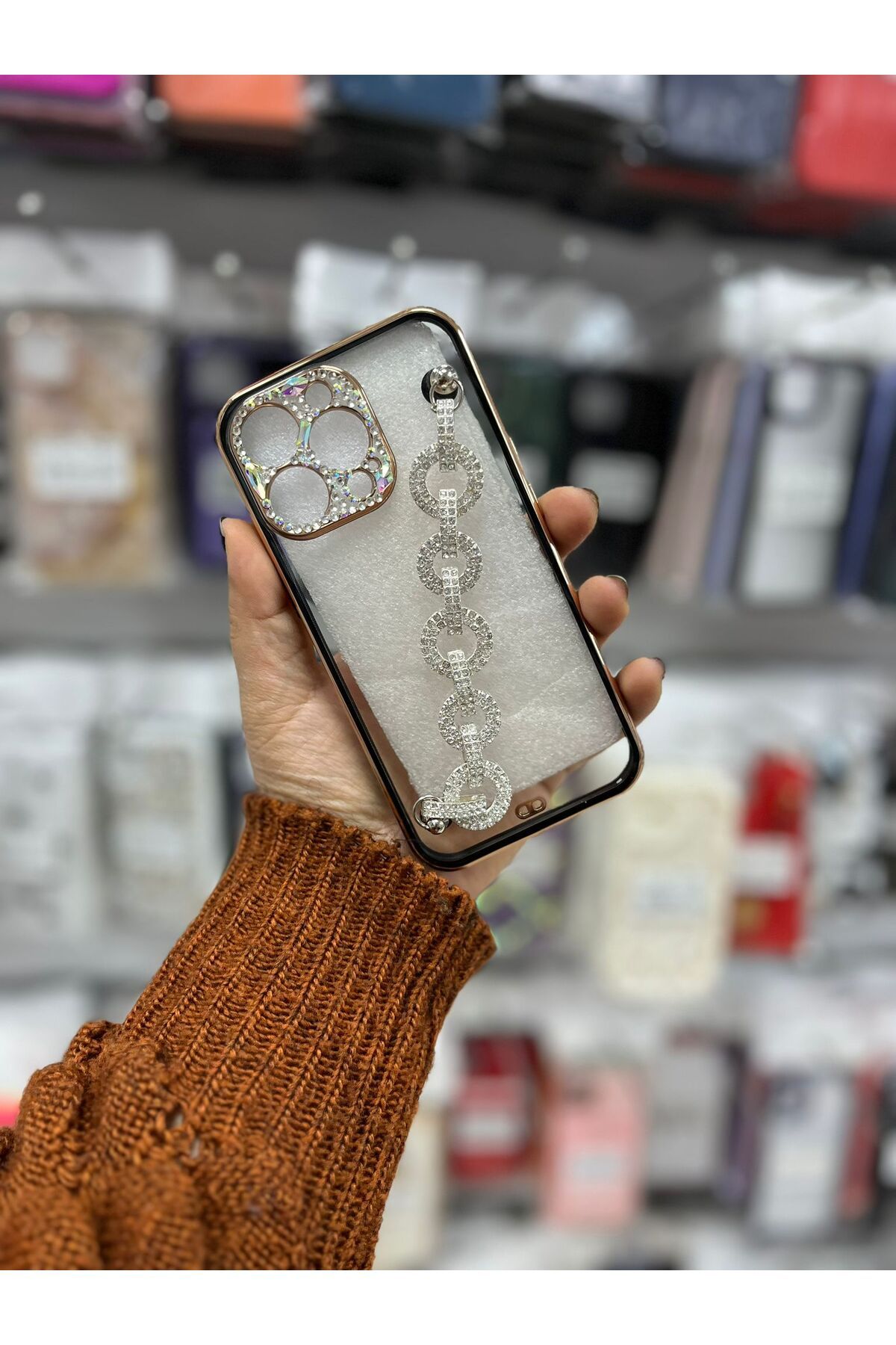 TECNOTREND Apple İphone 13 Pro Kamere korumalı gümüş kristal taş süslemeli el tutmalı silikon kılıf