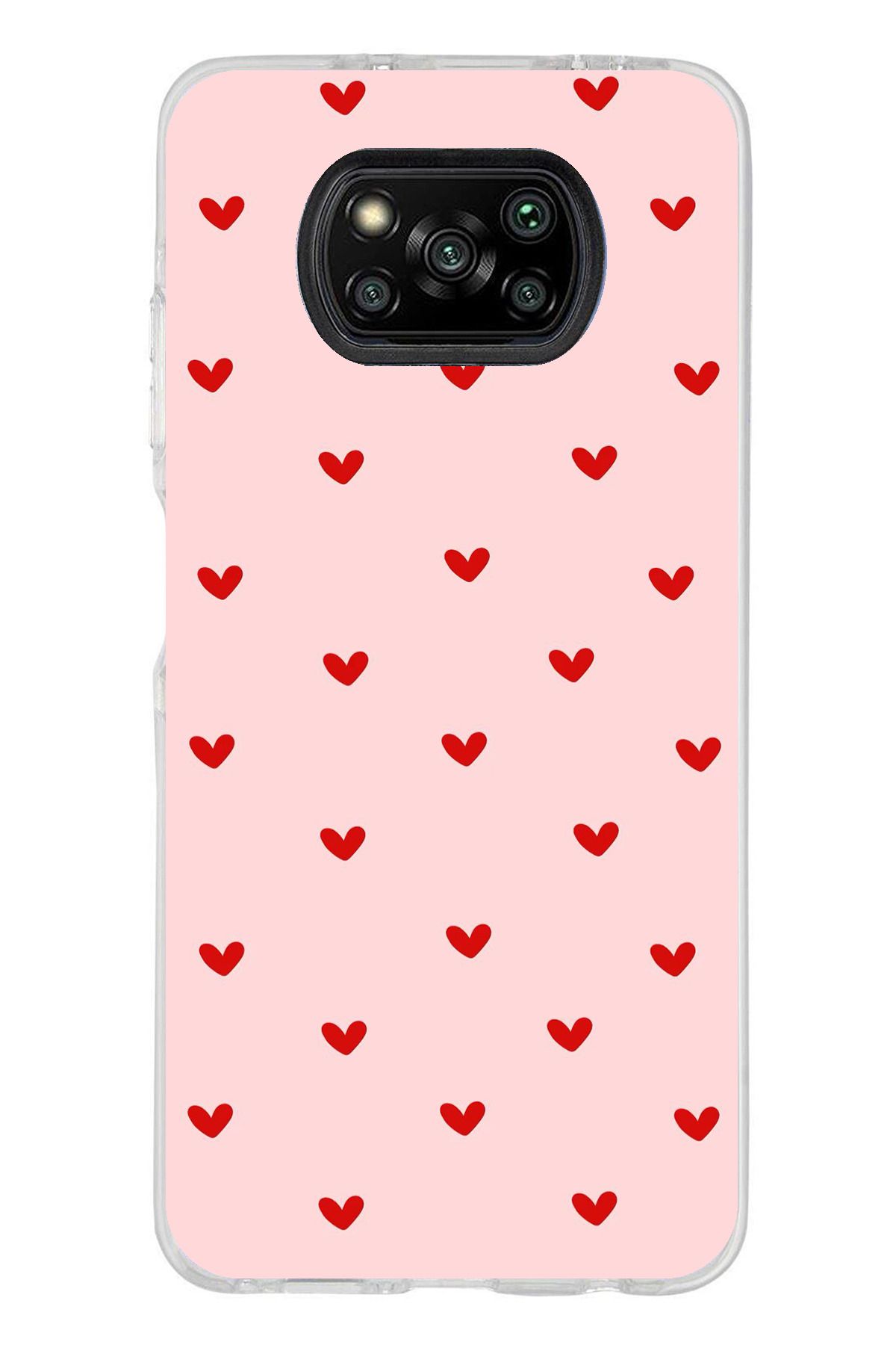 TechTree Poco X3 / NFC / PRO Uyumlu Kırmızı Minik Kalpler Şeffaf Silikon Kılıf