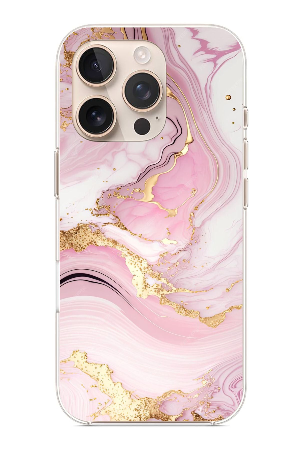 TechTree iPhone 16 Pro Max Uyumlu Pembe Mermer Şeffaf Silikon Kılıf