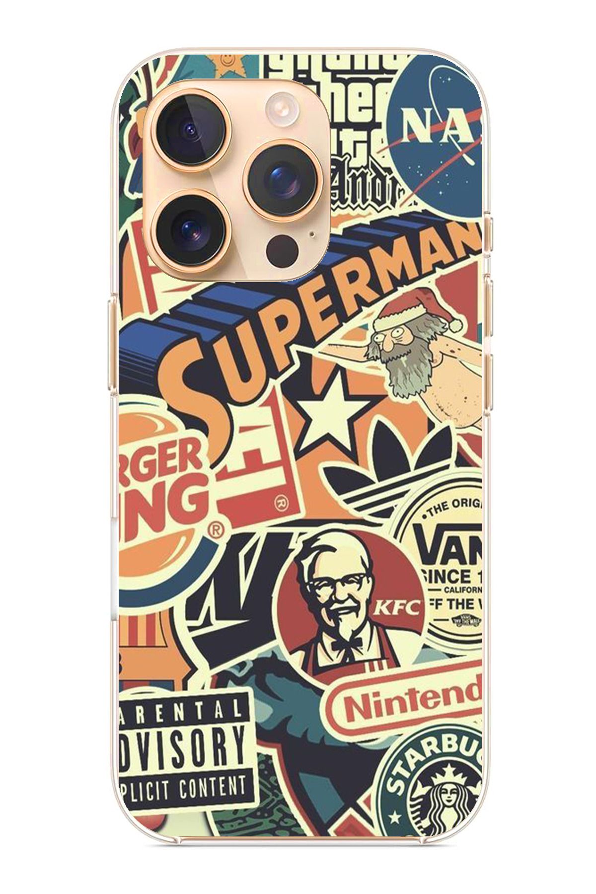 TechTree iPhone 16 Pro Uyumlu Retro Nostaljik Markalar Tasarımlı Şeffaf Silikon Kılıf