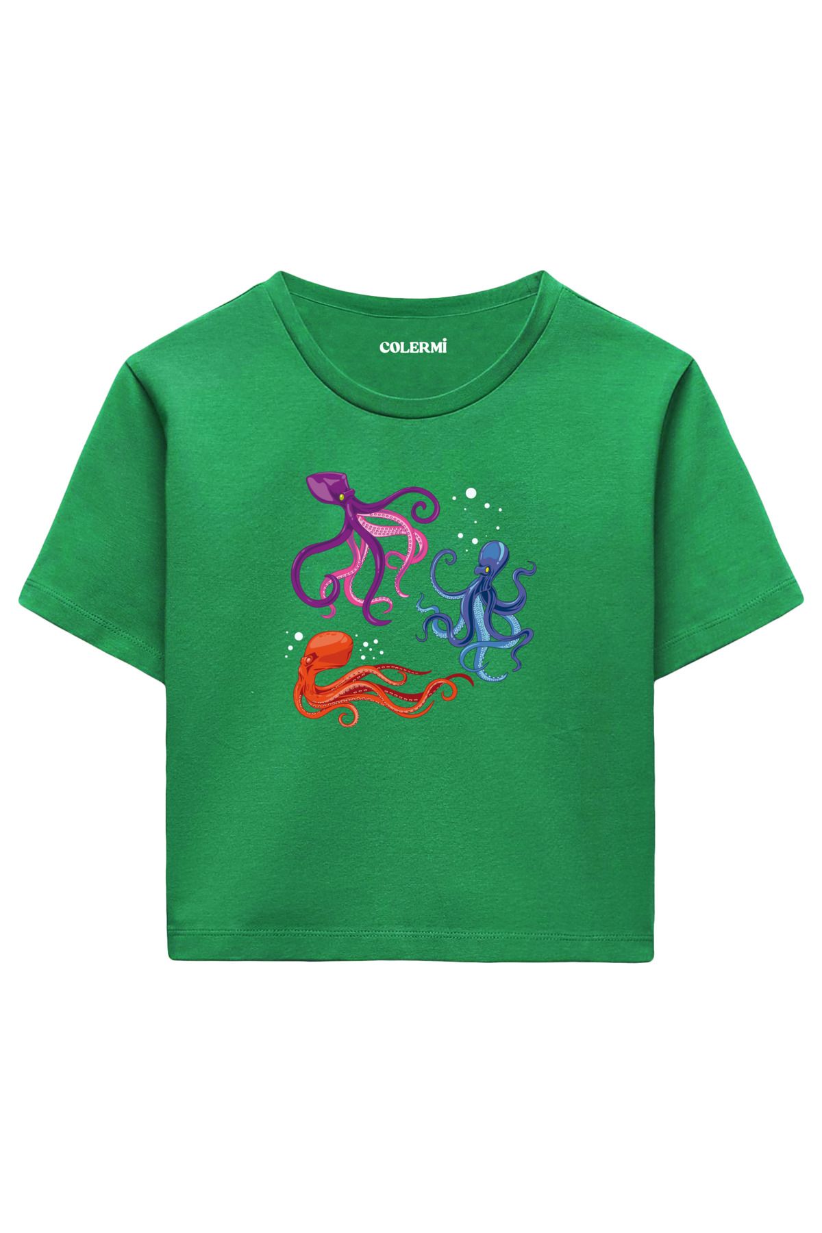Colermi Renkli Ahtapot Baskılı %100 Pamuk Kadın Crop Tshirt
