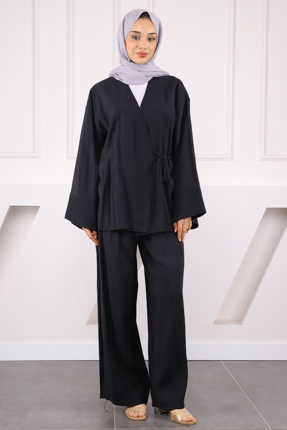 İmajButik Siyah Bel Bağlamalı Modal Kimono Pantolonlu Takım