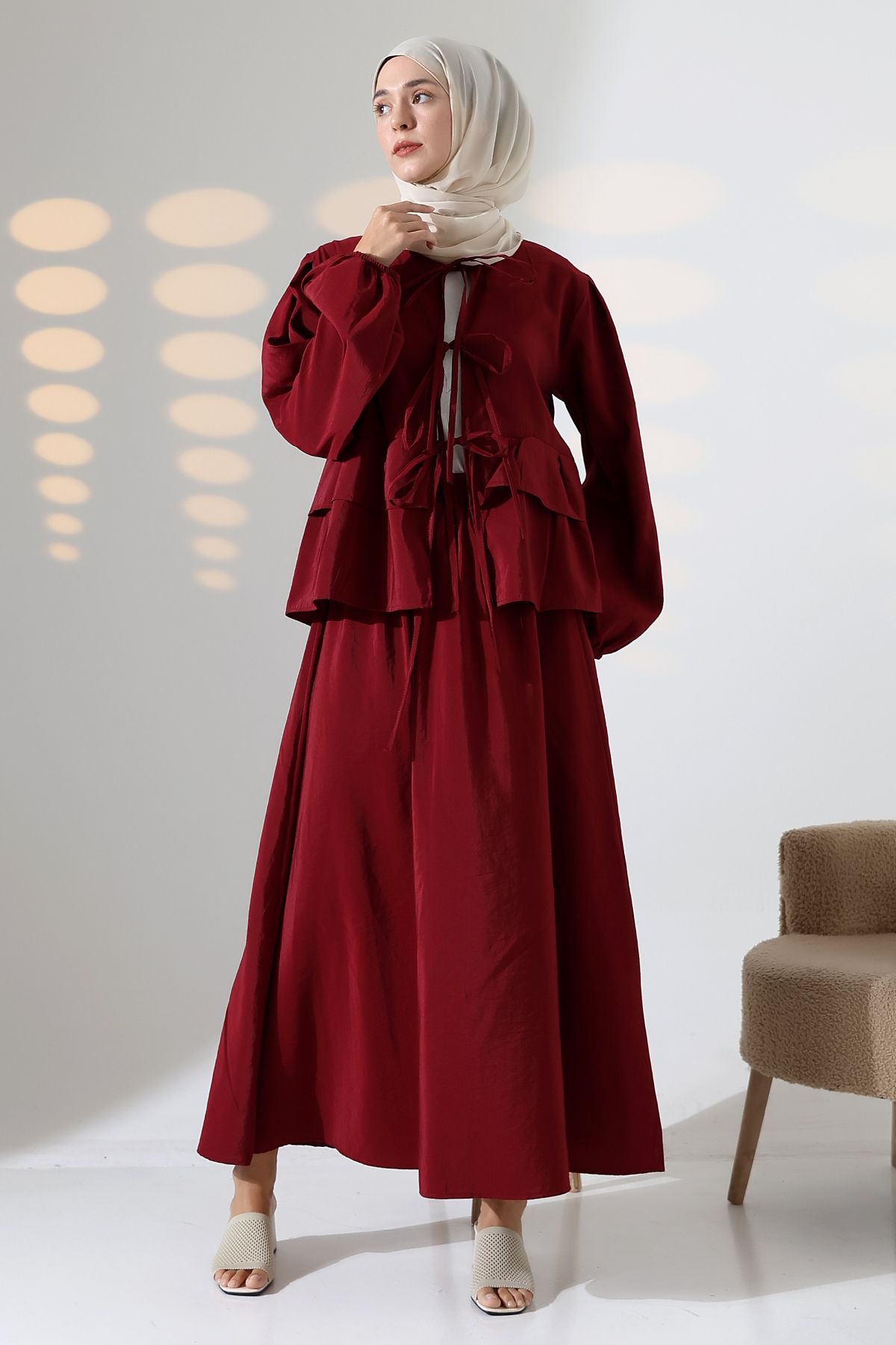 Mihran Butik Kadın 100% Pamuk Modal Bordo Gömlek Etek Tesettür Takım