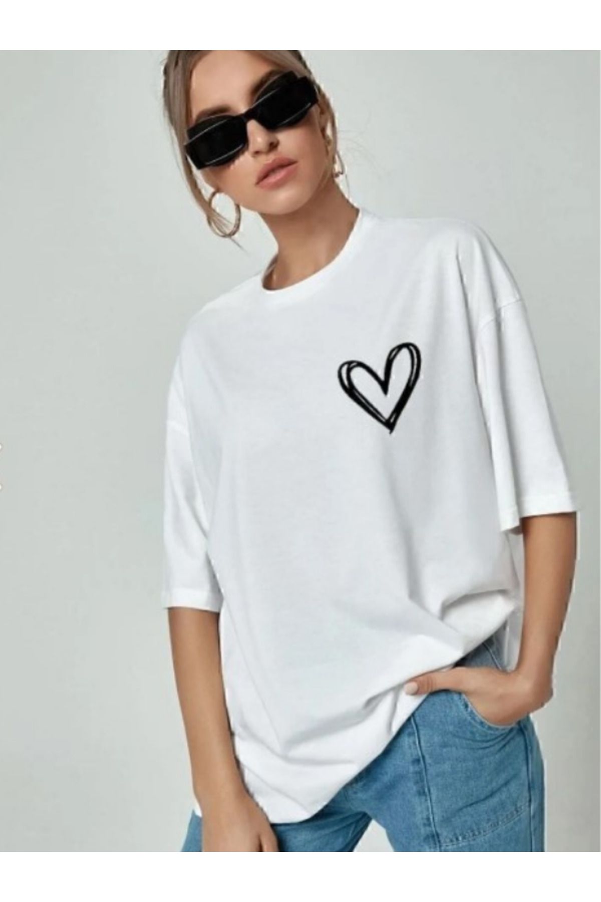 Fox Life Kids Minimal Kalp Baskılı Beyaz Oversize Tshirt
