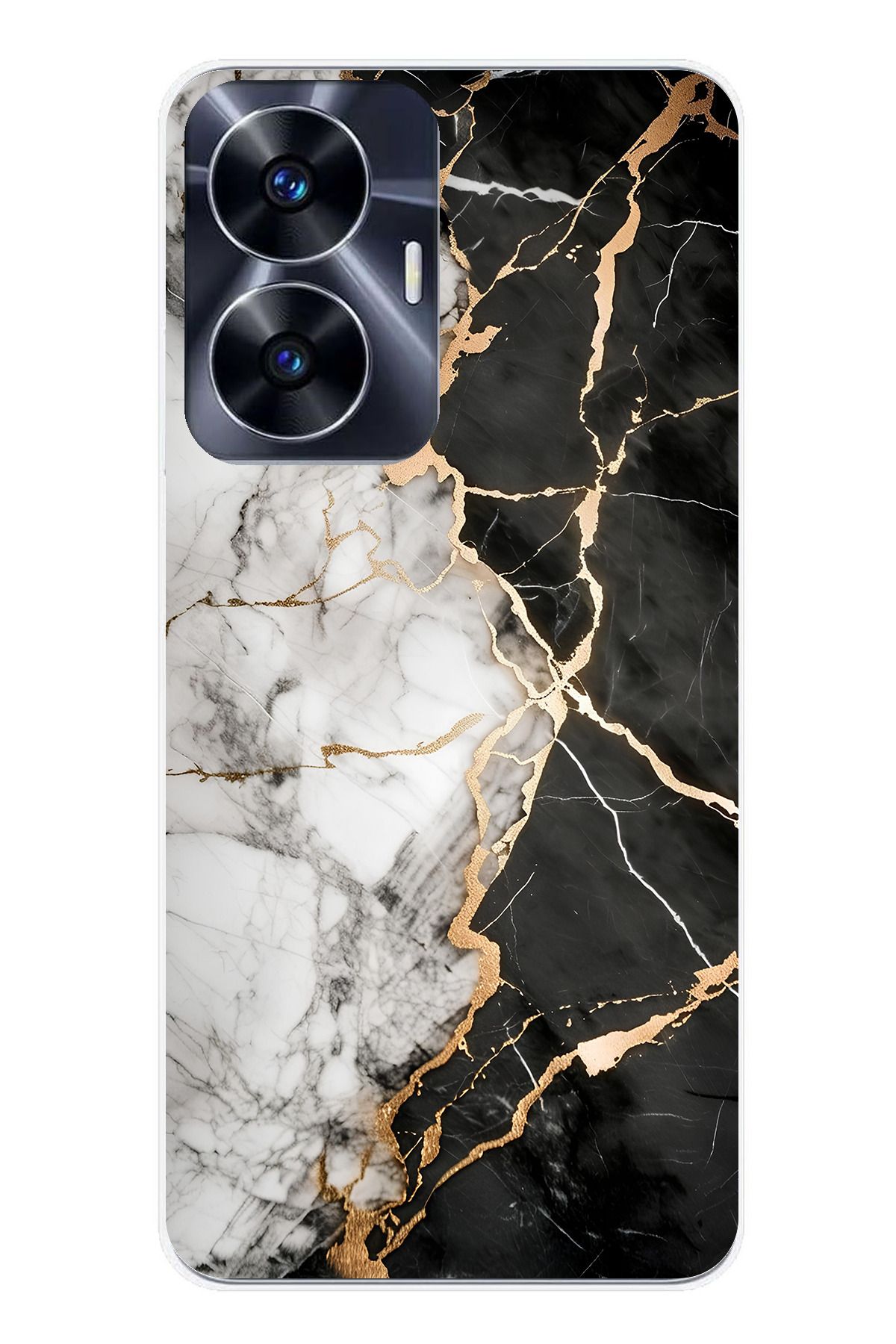TechTree Realme C55 Uyumlu Siyah Beyaz Mermer Şeffaf Silikon Kılıf