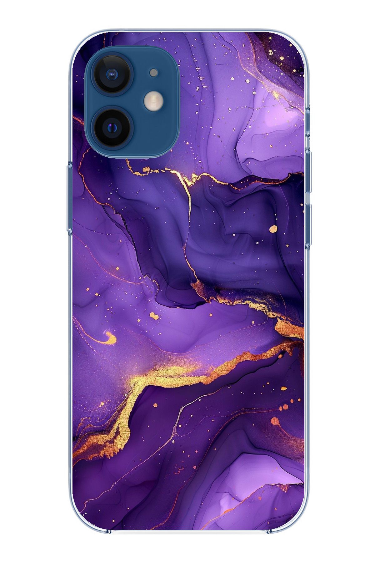 TechTree iPhone 12 Mini Uyumlu Ametist Taşı Mor Mermer Şeffaf Silikon Kılıf