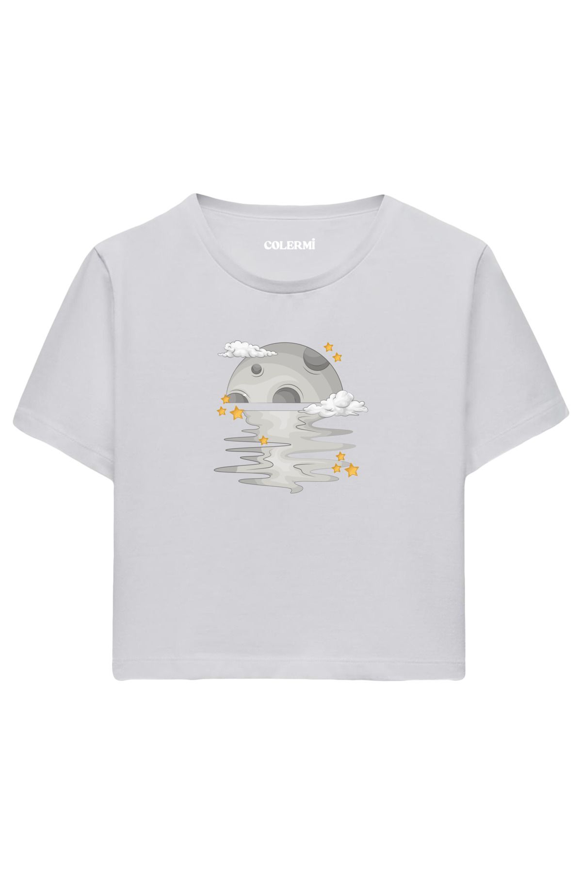 Colermi Yansıyan Ay ve Yıldızlar %100 Pamuk Kadın Crop Tshirt