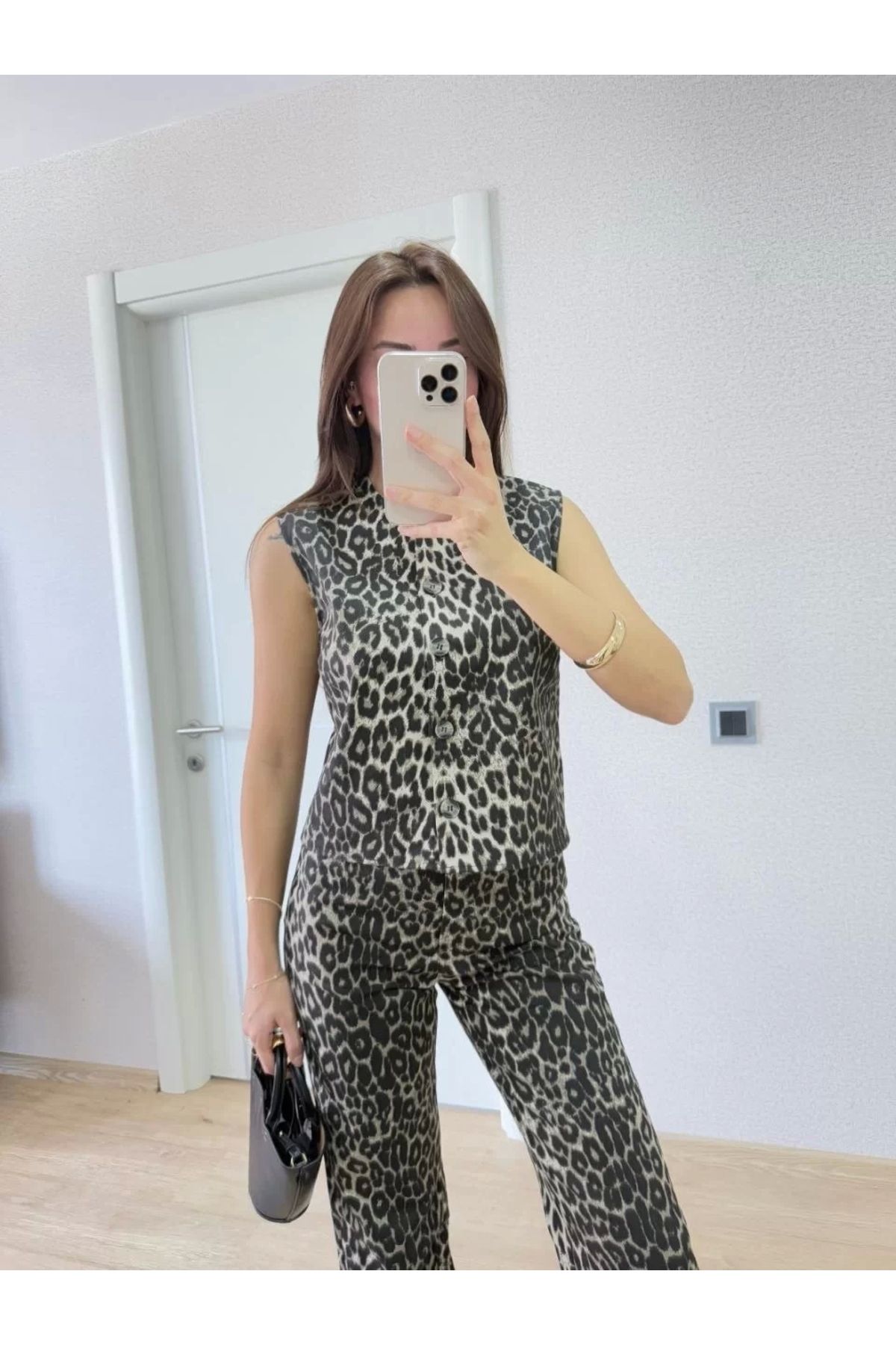 CVS leopar desenli Düğmeli Bluzlu Pantolon İkili Takım -Leopar