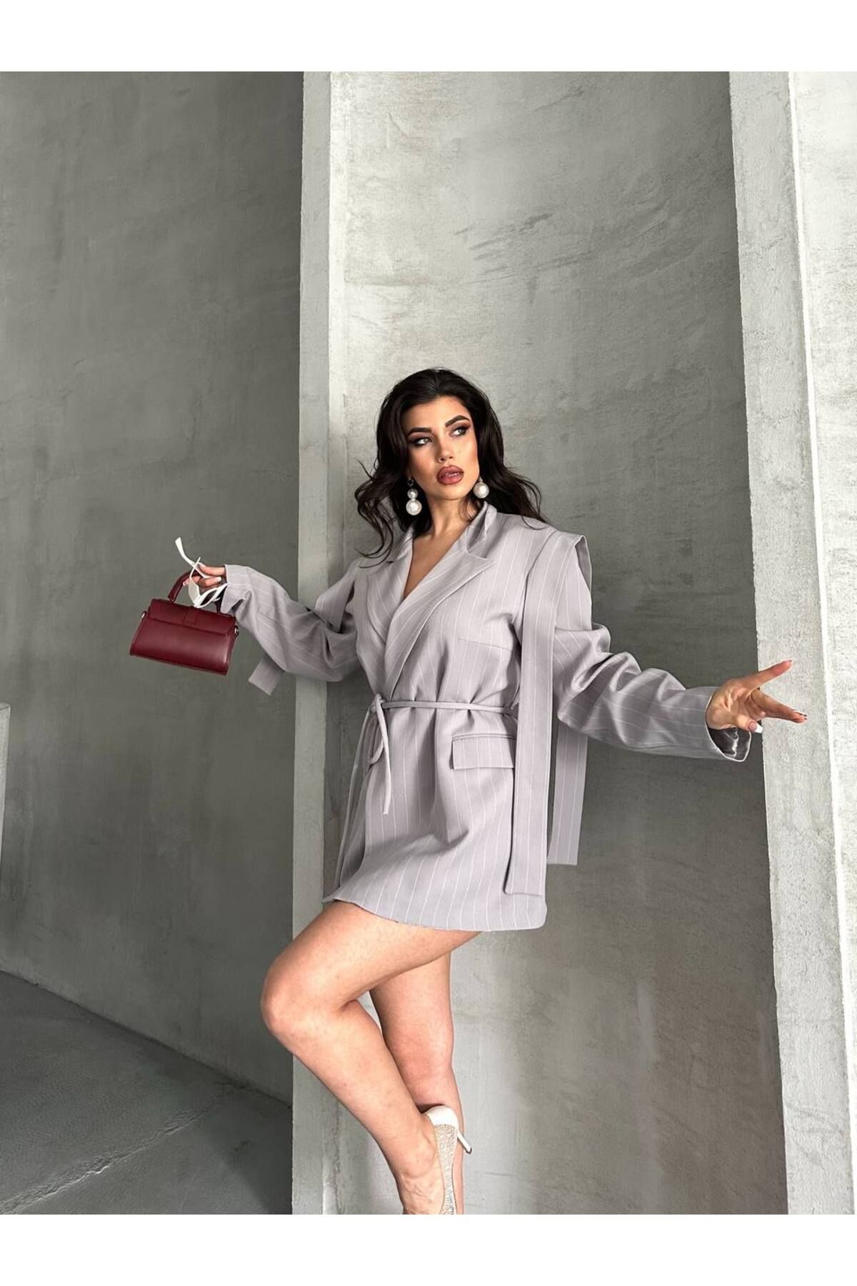 BARG FASHION Kadın Çizgili Bağcıklı Ceket Elbise