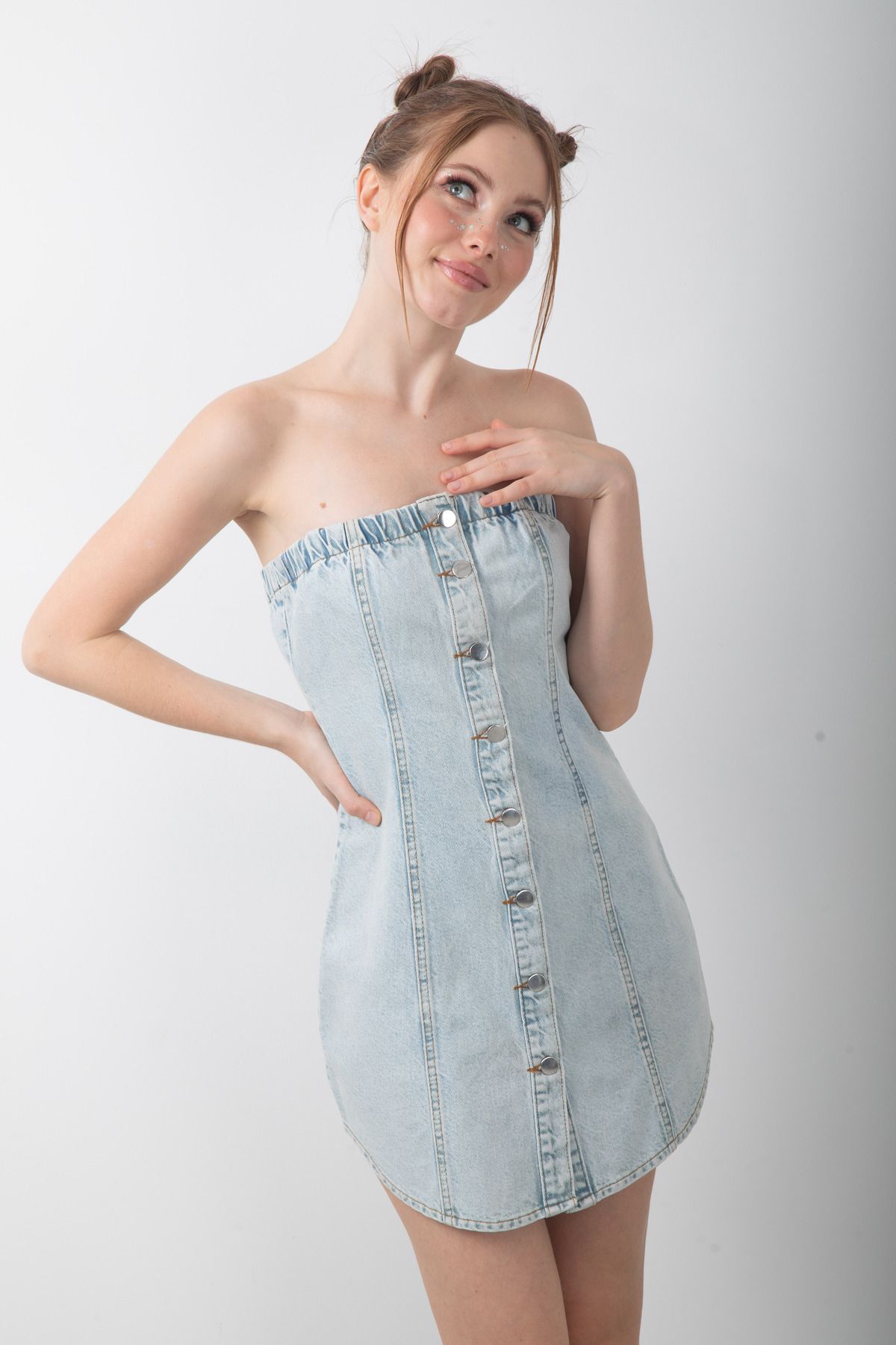 top girl Straplez Düğmeli Mini Açık Mavi Denim Kot Elbise