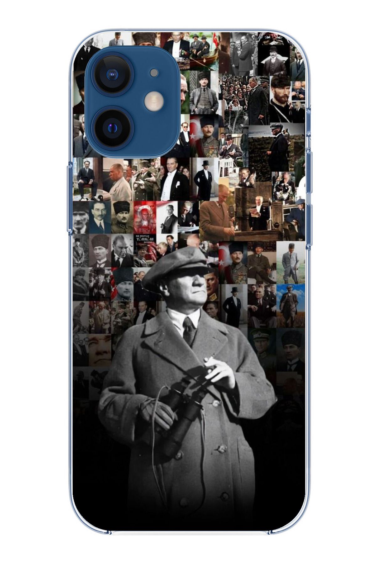 TechTree iPhone 12 Mini Uyumlu Atatürk Portre Kolaj Şeffaf Silikon Kılıf