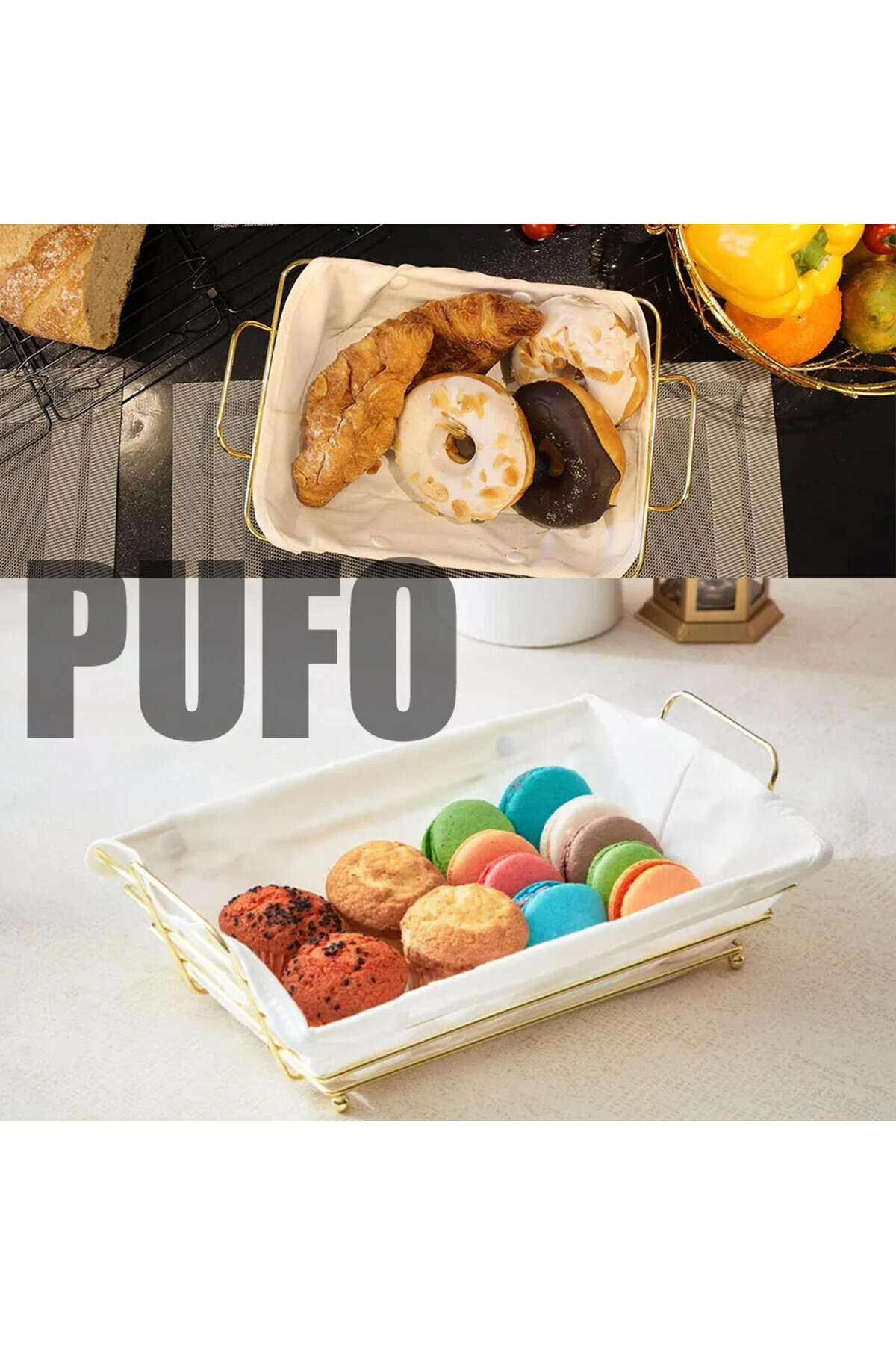 PUFO-Rectangular metal basket kitchen for serving bread, with legs and removable textile cover 7