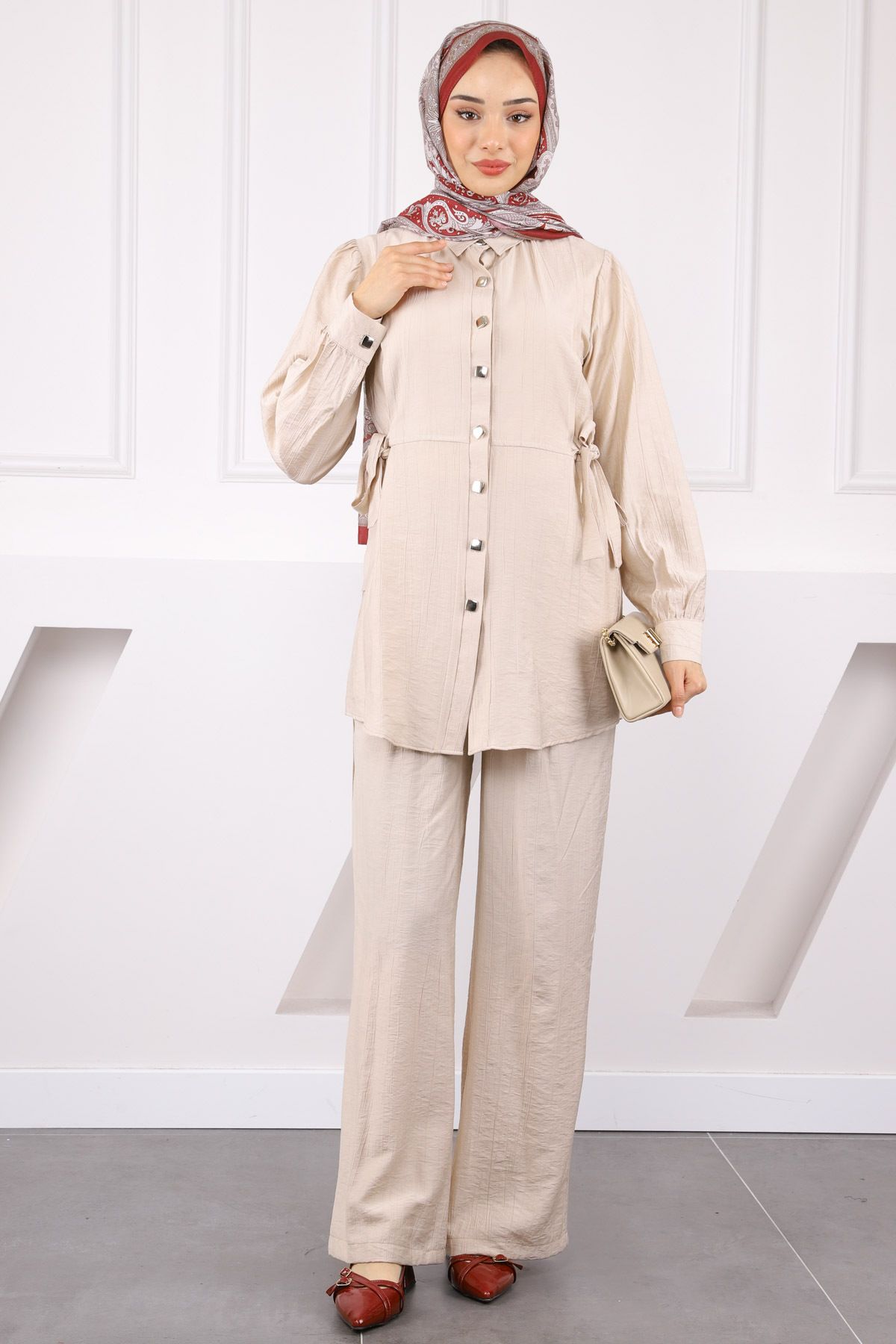 İmajButik Bej Bel Bağlamalı Tunik Pantolonlu Takım