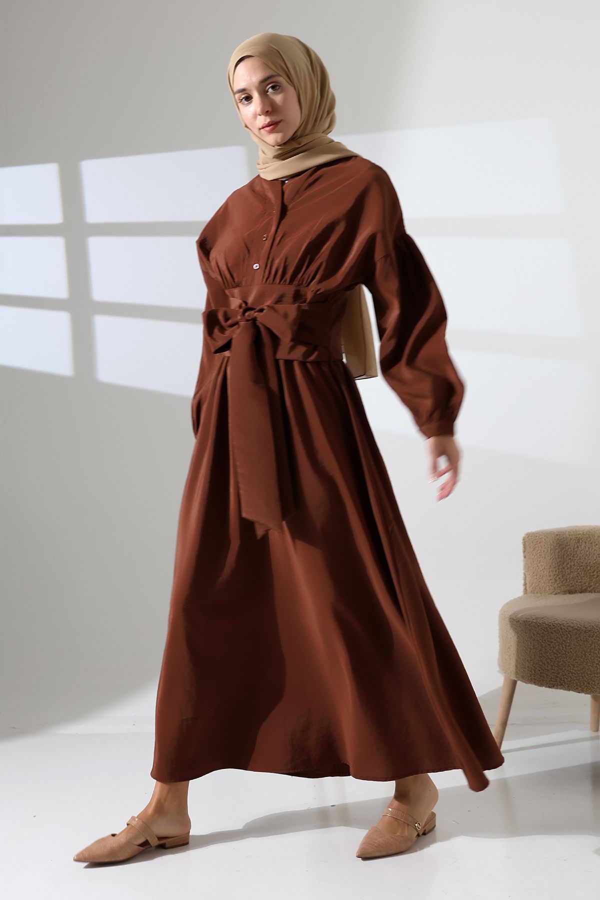 Mihran Butik Kadın 100% Pamuk Modal Kahverengi Gömlek Etek Tesettür Takım