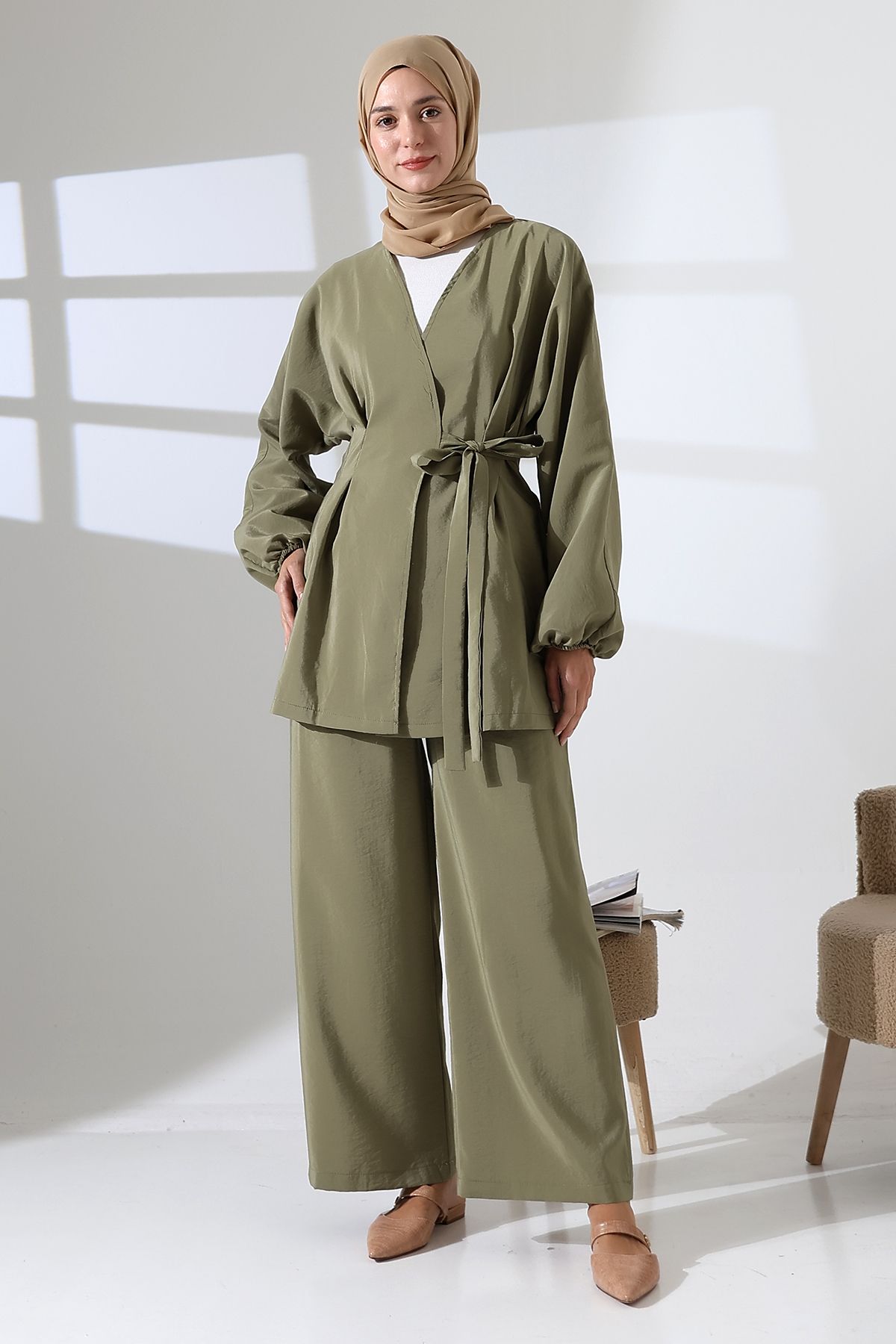 Mihran Butik Kadın 100% Pamuk Modal Haki Kimono Pantolon Tesettür Takım
