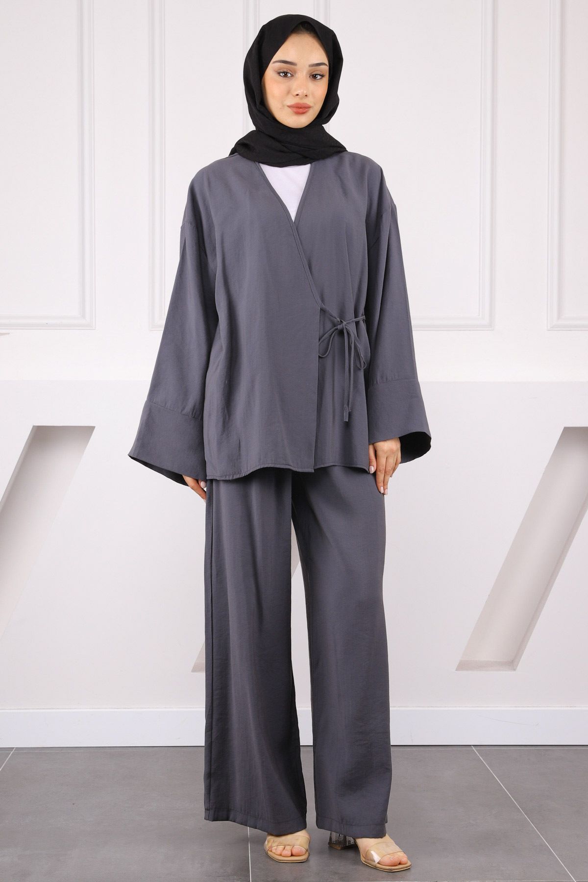 İmajButik Füme Bel Bağlamalı Modal Kimono Pantolonlu Takım