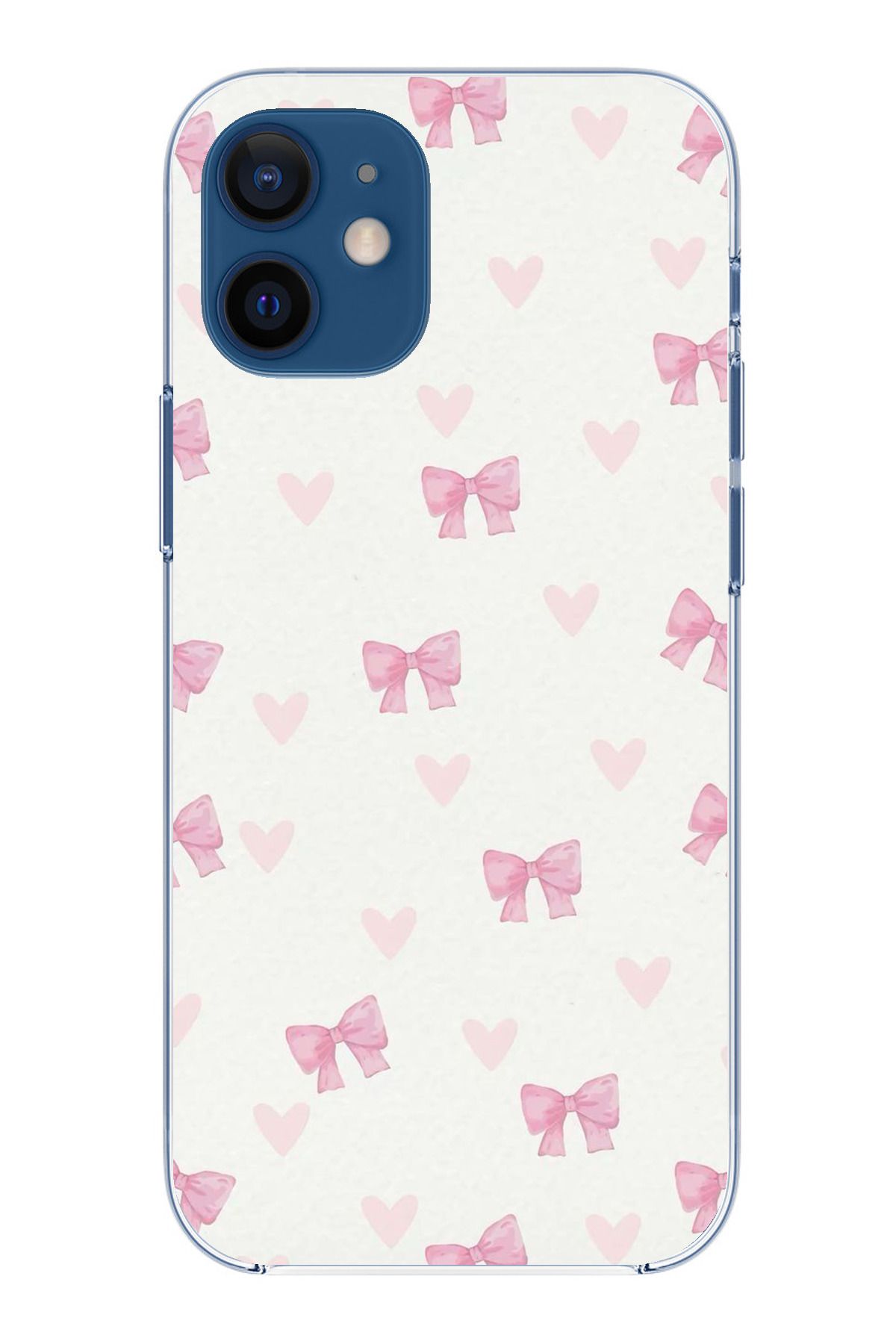 TechTree iPhone 12 Mini Uyumlu Fiyonklar ve Pembe Kalpler Şeffaf Silikon Kılıf