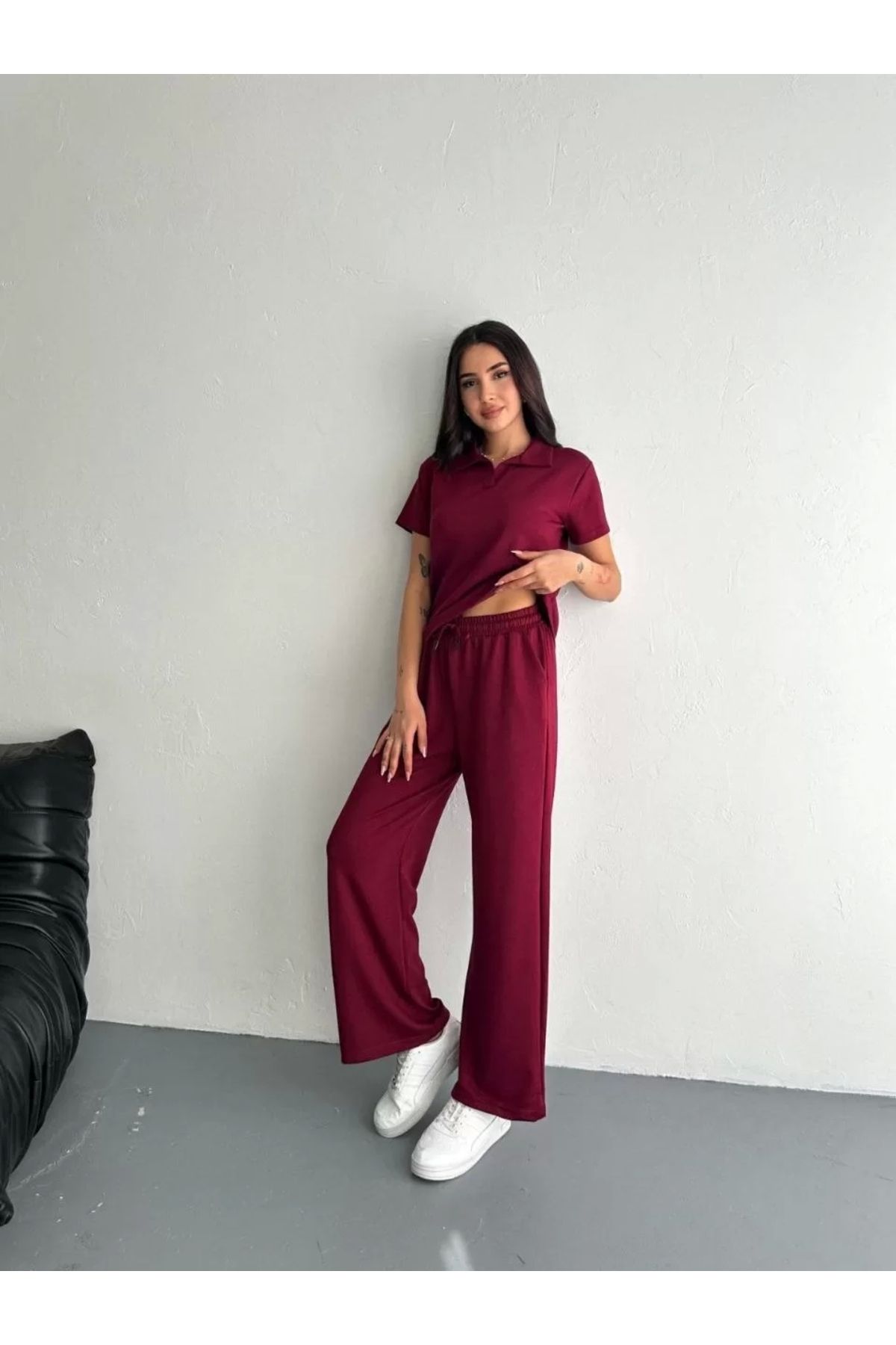 CVS Modal Yumuşak Dokulu Kumaş Kısa Kollu Yakalı T-shirt Pantalon ikili Takım- Bordo