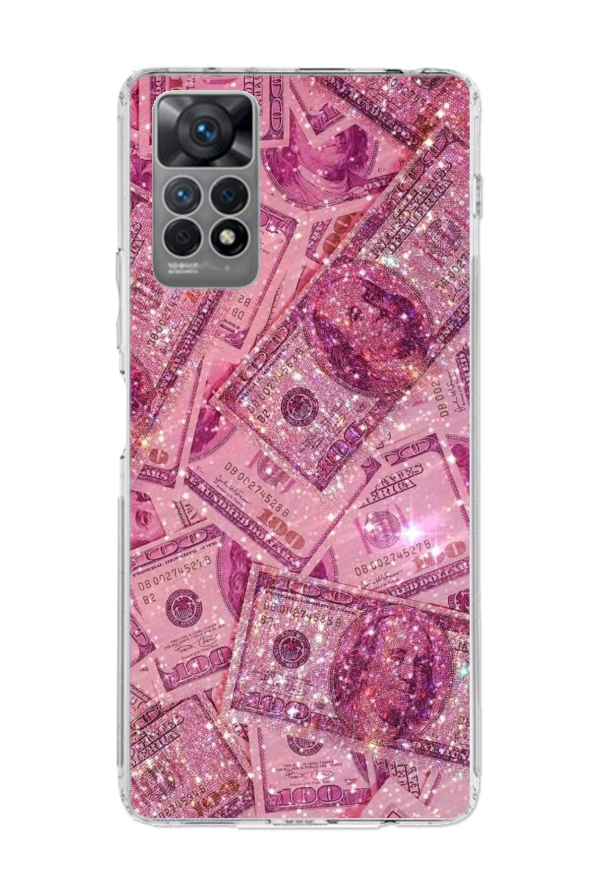 TechTree Redmi Note 11 PRO 4G Uyumlu Pembe Işıltılı Dolarlar Şeffaf Silikon Kılıf