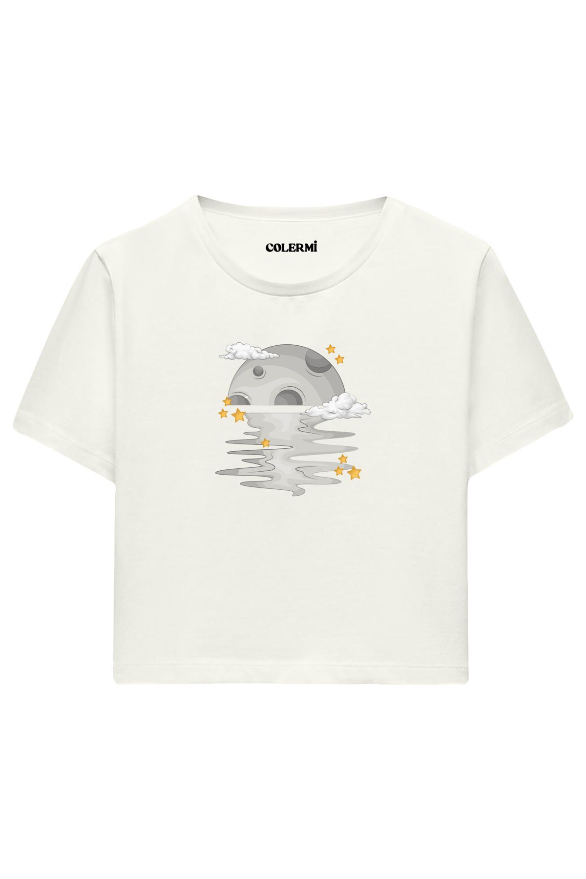 Colermi Yansıyan Ay ve Yıldızlar %100 Pamuk Kadın Crop Tshirt