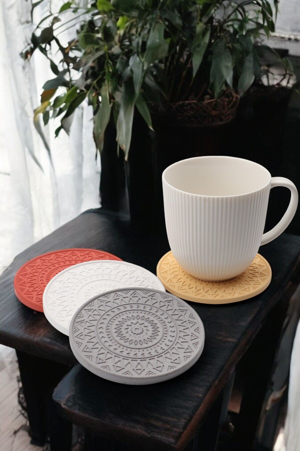 LUMİNA Bohem Desenli Beton Bardak Altlığı Seti – 10 cm - 4 Adet Sarı Renk