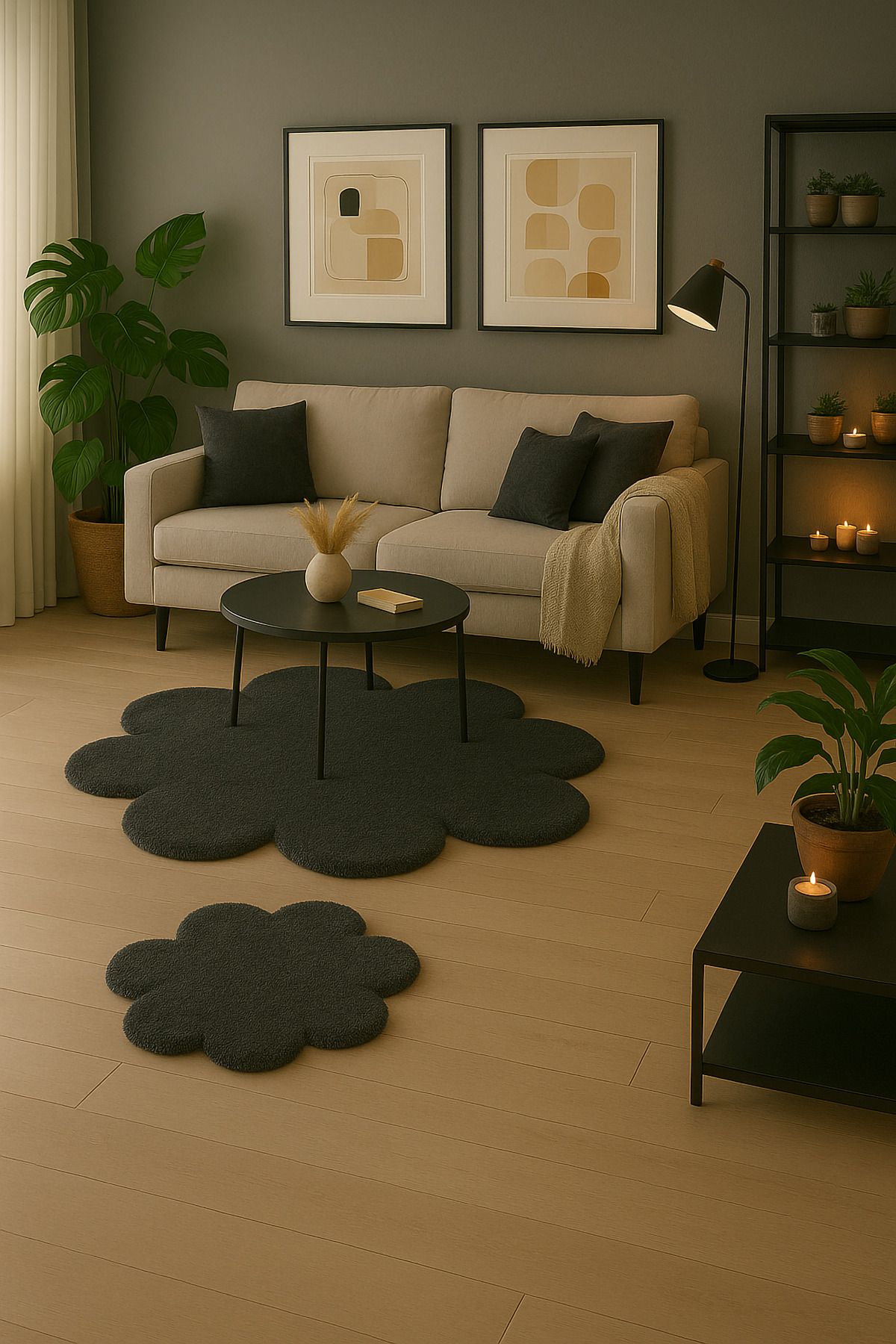 Paco Home Çiçek Desenli Yumuşak Salon Halısı Modern Minimalist Dekoratif Halı 2'li Set (100x100-80x80)