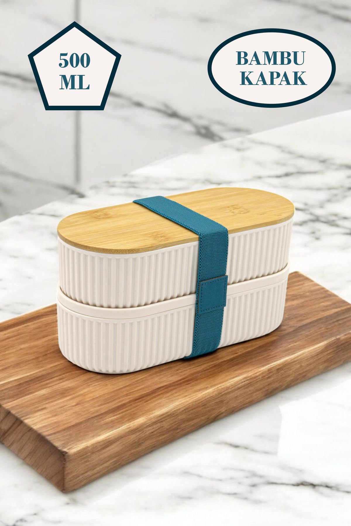 Roslina Çizgili 500ml Bambu Kapaklı Lunch Box 2'li Katlı Saklama Kabı