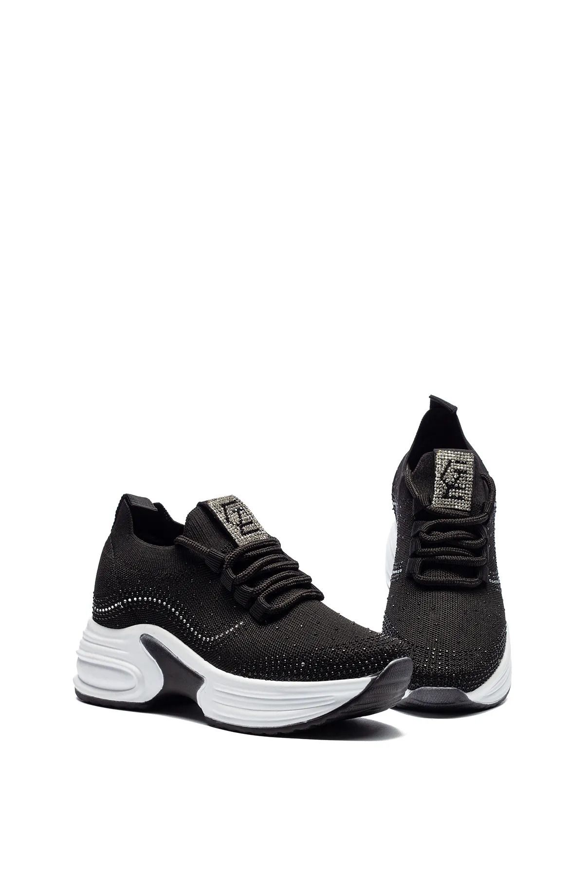 Moda Kadıköy KADIN SİYAH GİZLİ TOPUKLU TAŞLI RAHAT YÜKSEK TABAN TRİKO SNEAKER AYAKKABI