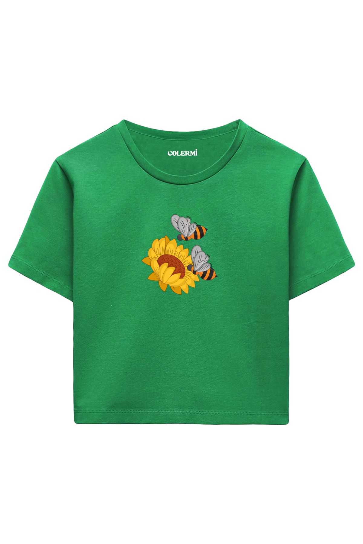 Colermi Ayçiçeği ve İki Arı İllüstrasyonlu %100 Pamuk Kadın Crop Tshirt