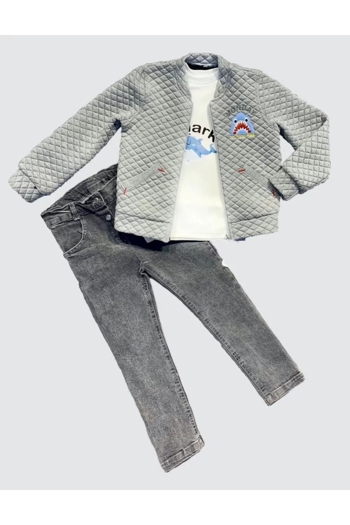 Shop58 4-5-6 Yaş Kot Pantolonlu Pilot Mont Uzun Kollu Penye Sweat 3lü Erkek Çocuk Takımı