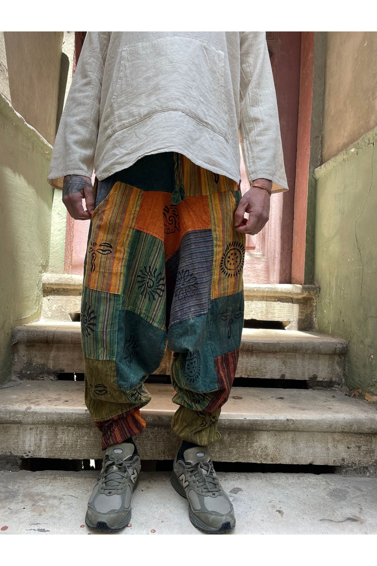 Bohoyasam Unisex Nepal Patchwork Pantolon, Salaş Pantolon, Rahat Pantolon, Renkli Şalvar,Festival Şalvar