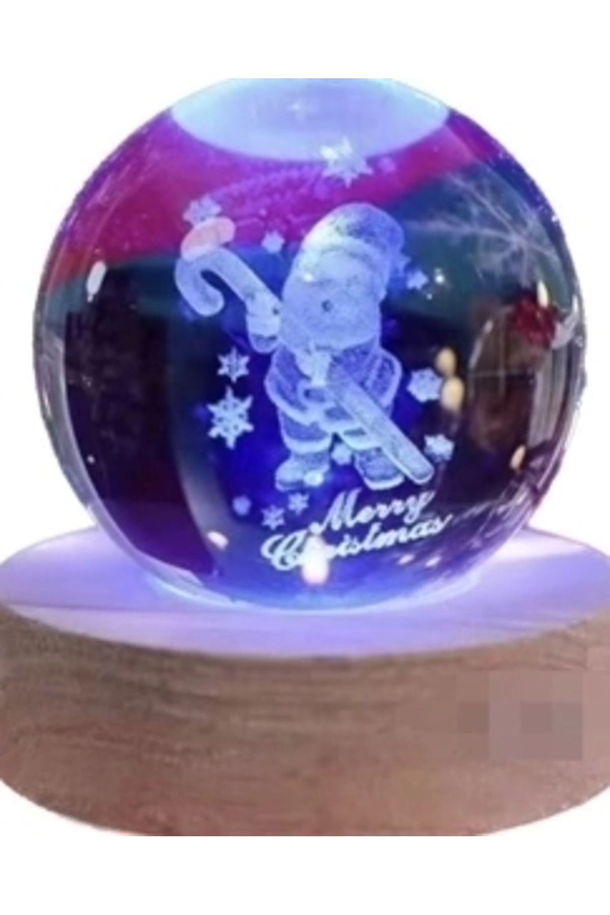 STOREMAX Dekoratif Noel Tasarımlı Ahşap Altlıklı Işıklı Cam Küre Büyük Boy8cm