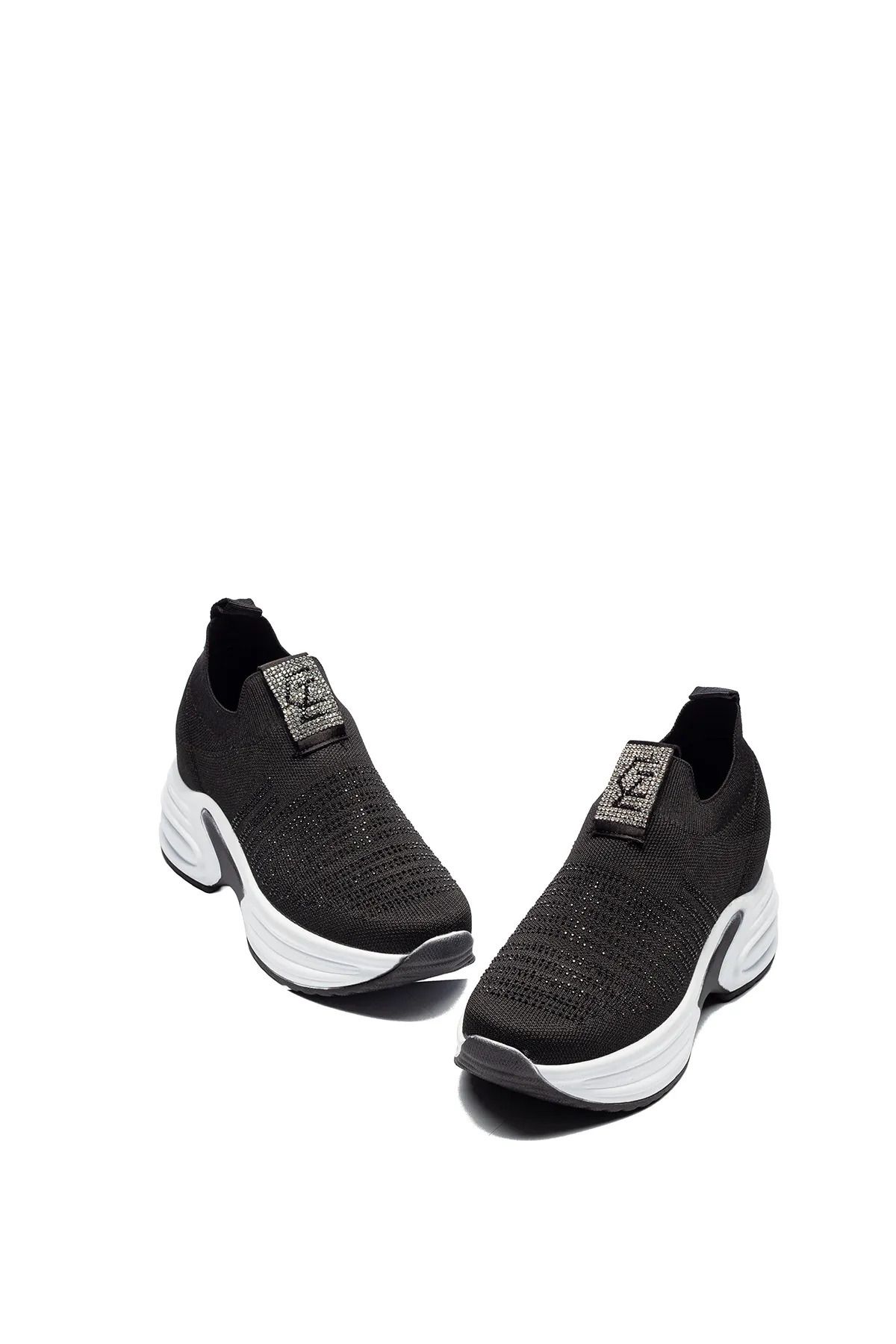 Moda Kadıköy KADIN SİYAH GİZLİ TOPUKLU TAŞLI RAHAT YÜKSEK TABAN TRİKO SNEAKER AYAKKABI