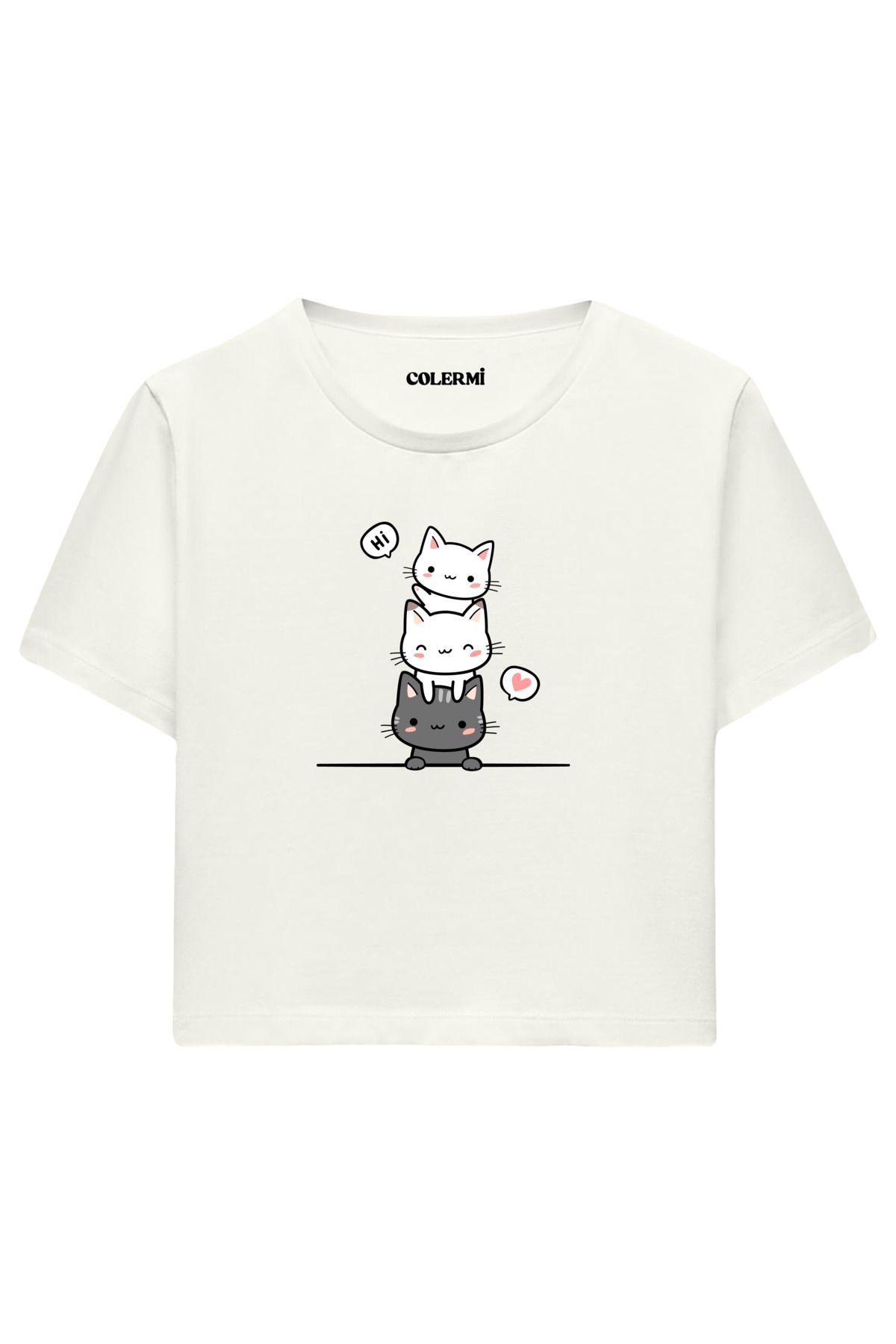 Colermi Üç Sevimli Kedi İllüstrasyonlu %100 Pamuk Kadın Crop Tshirt