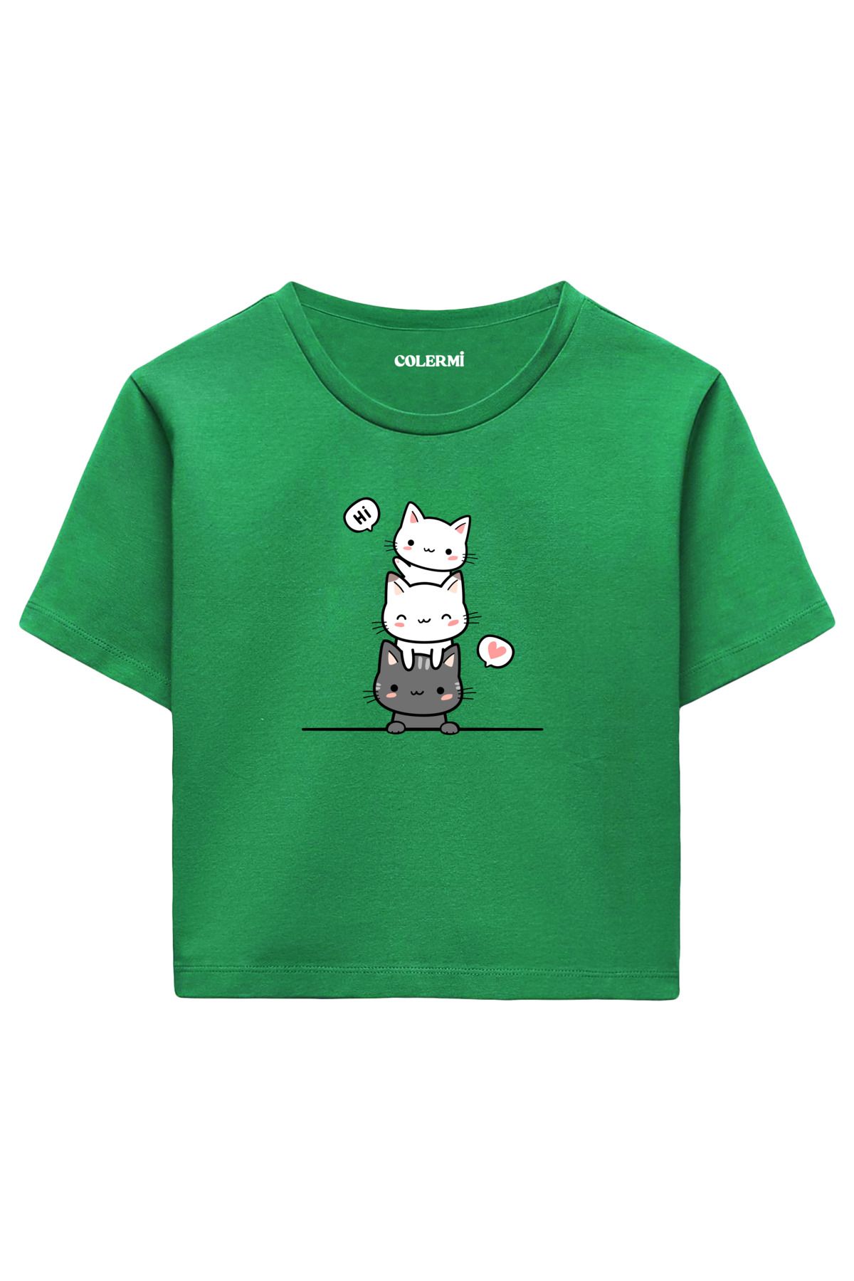 Colermi Üç Sevimli Kedi İllüstrasyonlu %100 Pamuk Kadın Crop Tshirt