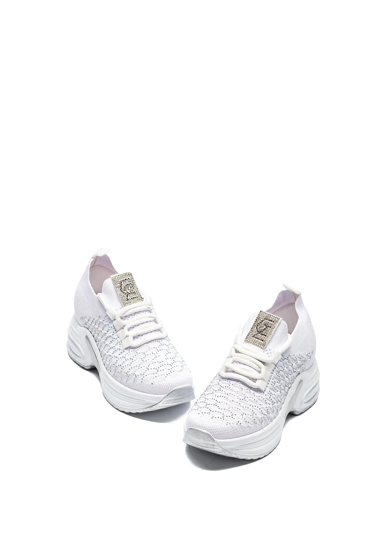 Moda Kadıköy KADIN BEYAZ GİZLİ TOPUK TAŞLI YÜKSEK TABAN TRİKO SNEAKER AYAKKABI