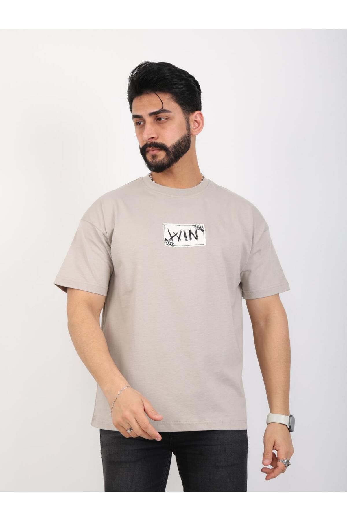 twentyfive25 Erkek Bisiklet Yaka Baskılı Oversize Tişört