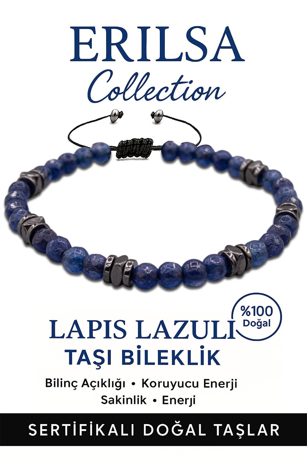 Erilsa Sertifikalı İnce Model Fasetli AAA+ Terahertz ve Lapis Lazuli Bileklik – Bilgelik