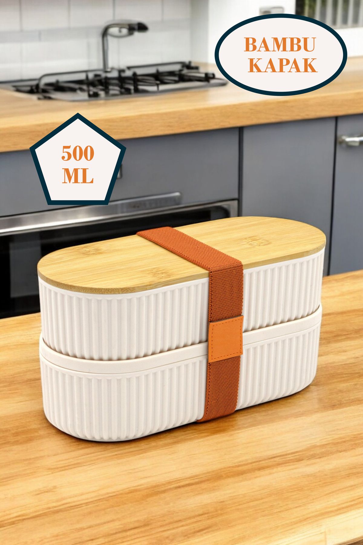 Roslina Çizgili 500ml Bambu Kapaklı Lunch Box 2'li Katlı Saklama Kabı