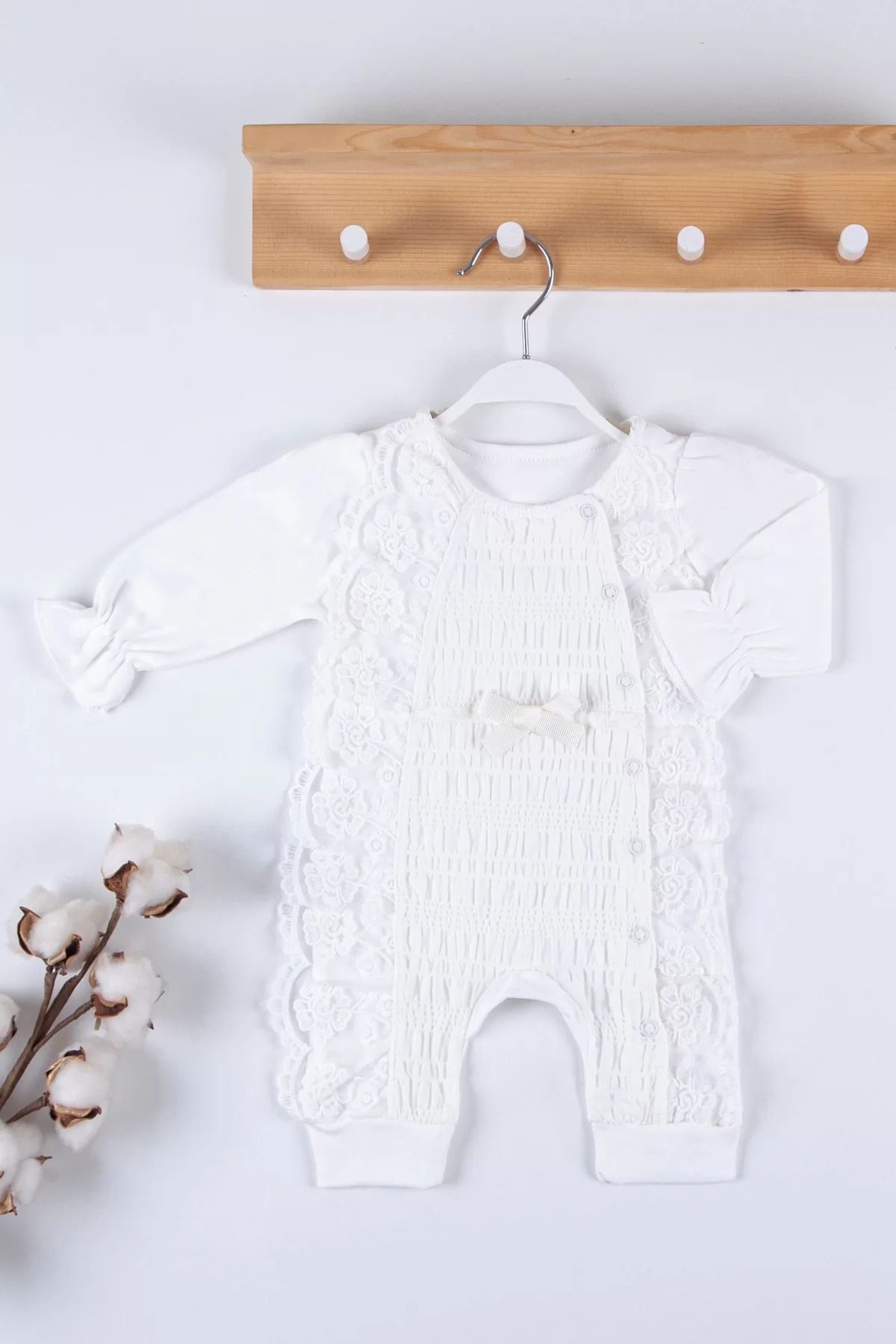 Shop58 Gofralı Fransız Güpürlü % 100 Pamuk Kız Bebek Tulumu