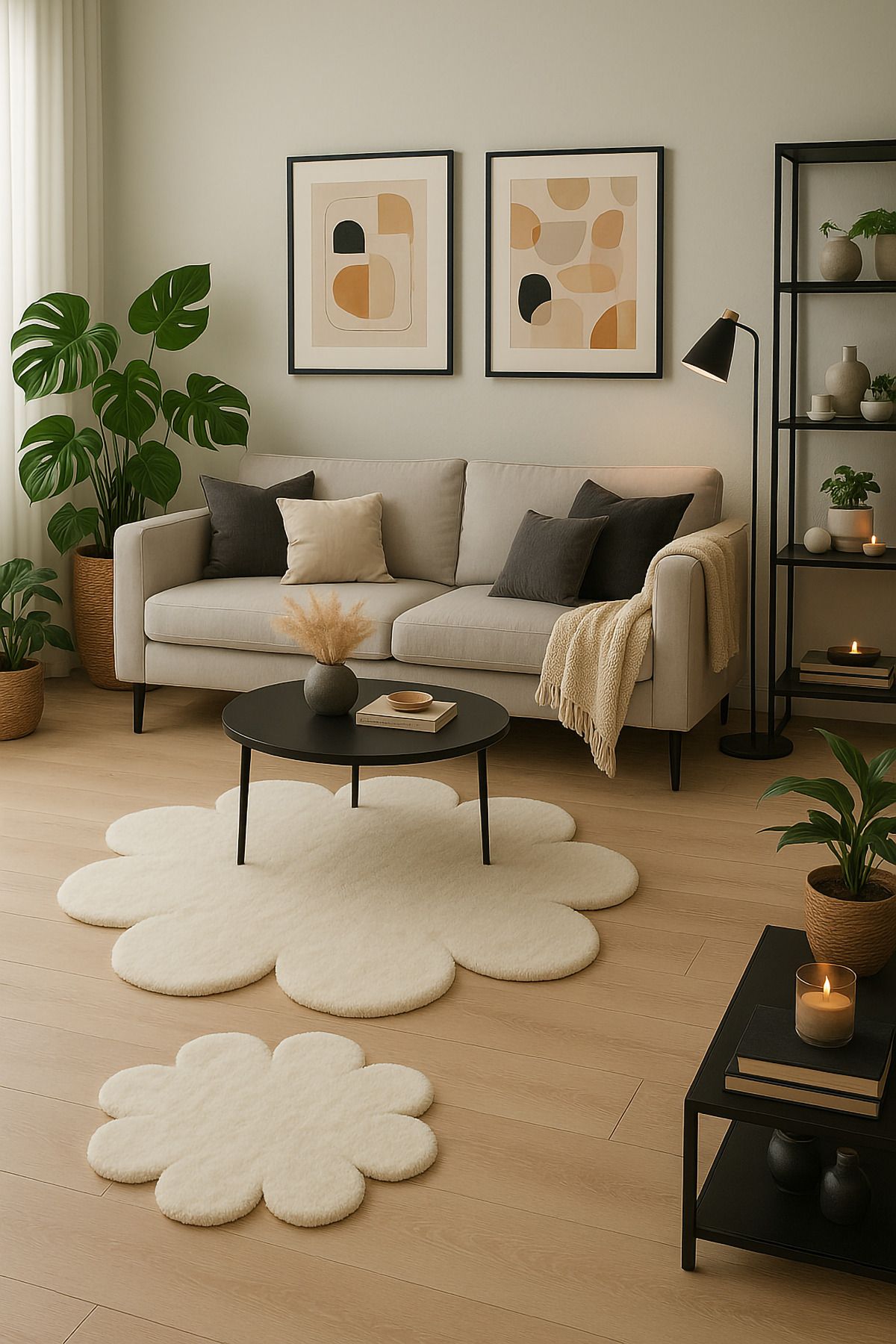 Paco Home Çiçek Desenli Yumuşak Salon Halısı Modern Minimalist Dekoratif Halı 2'li Set (100x100-80x80)