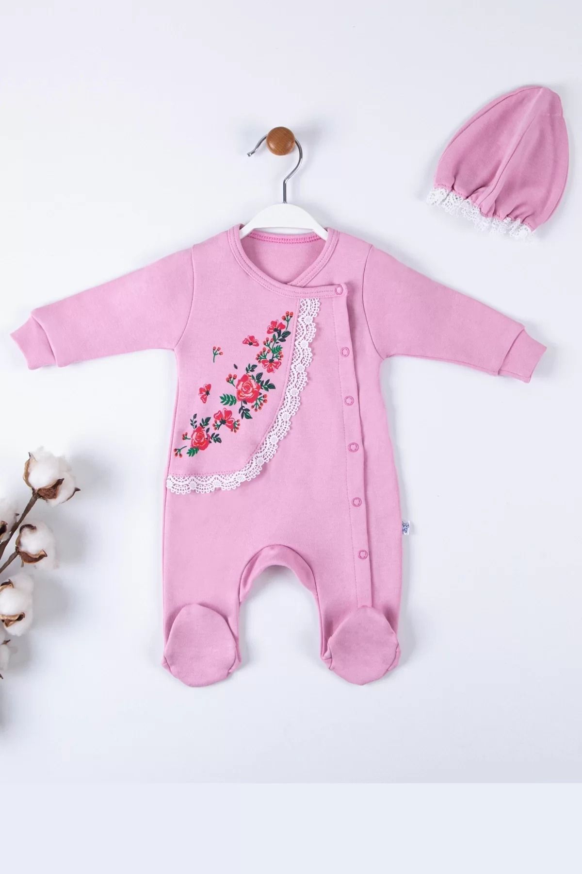 Shop58 Çiçek Nakışlı Şapkalı % 100 Pamuk Kız Bebek Tulumu